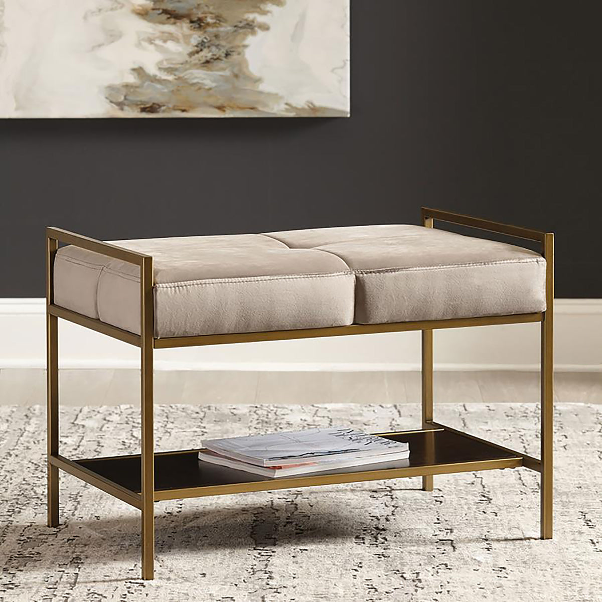 Grey and Gold Upholstered Bench with Bottom Shelf