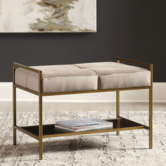 Grey and Gold Upholstered Bench with Bottom Shelf