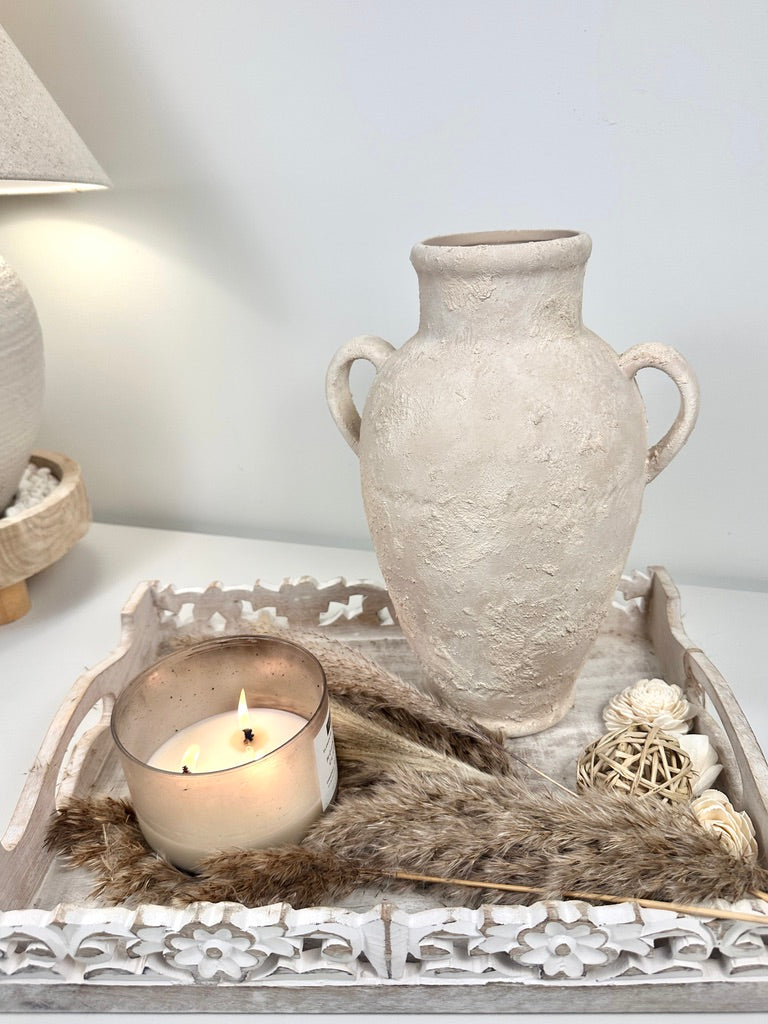 Minimalist Roman Style Textured Hand-painted Ceramic Vase 12" tall - cream/off-white