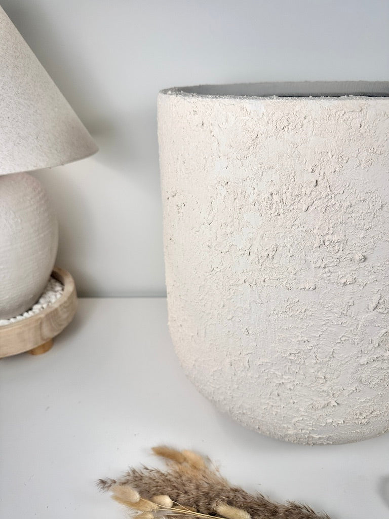 Minimalist Hand-Painted & Textured Planter Pot 17.5" tall with drainage hole one time creation - cream