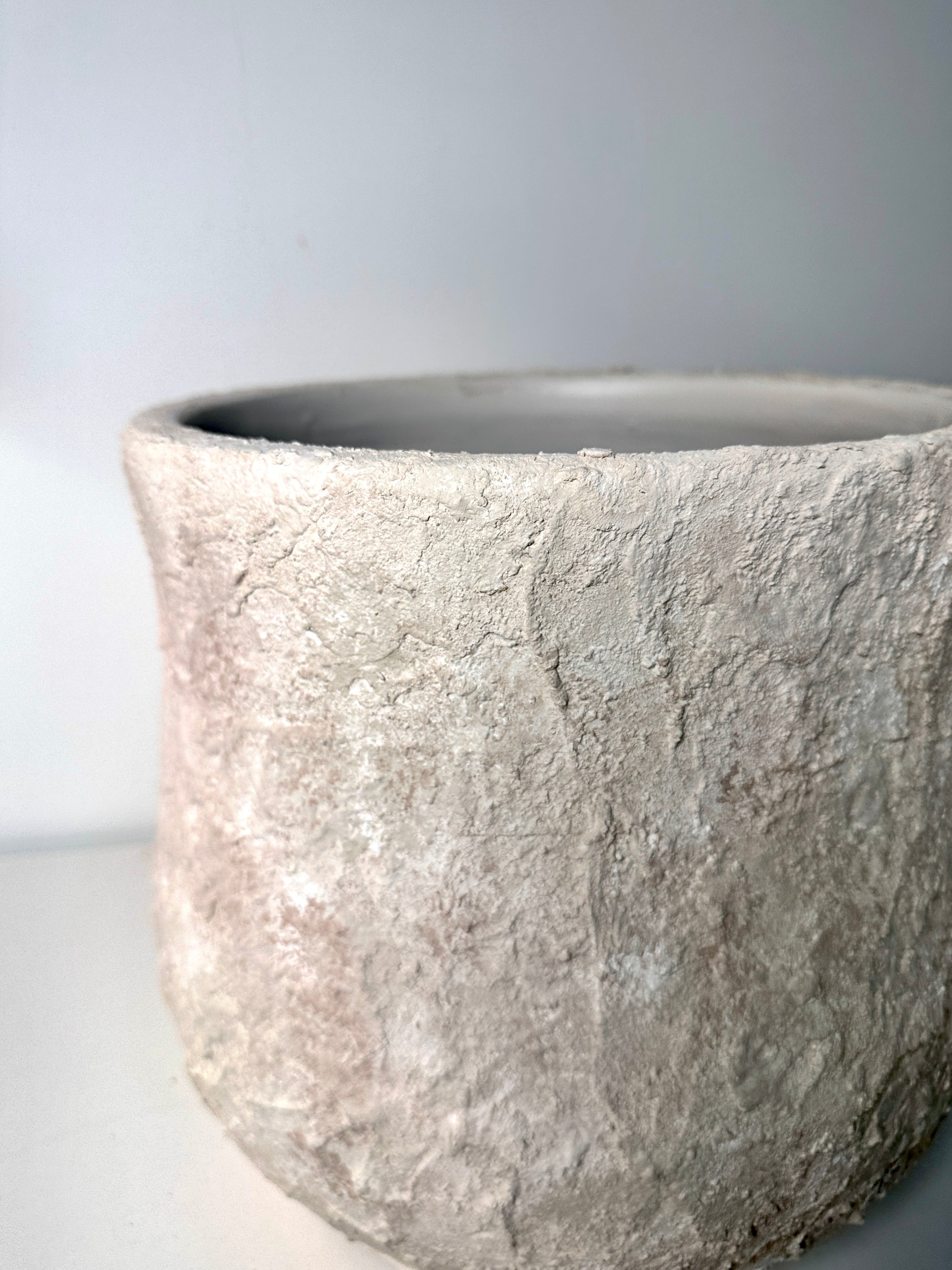 Minimalist Hand-Painted & Textured Planter Pot 12" tall with drainage hole one time creation - Cream Linen wash