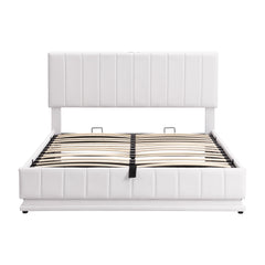 Queen Size Upholstered Bed with Hydraulic Storage System and LED Light, Modern Platform Bed with Sockets and USB Ports - White