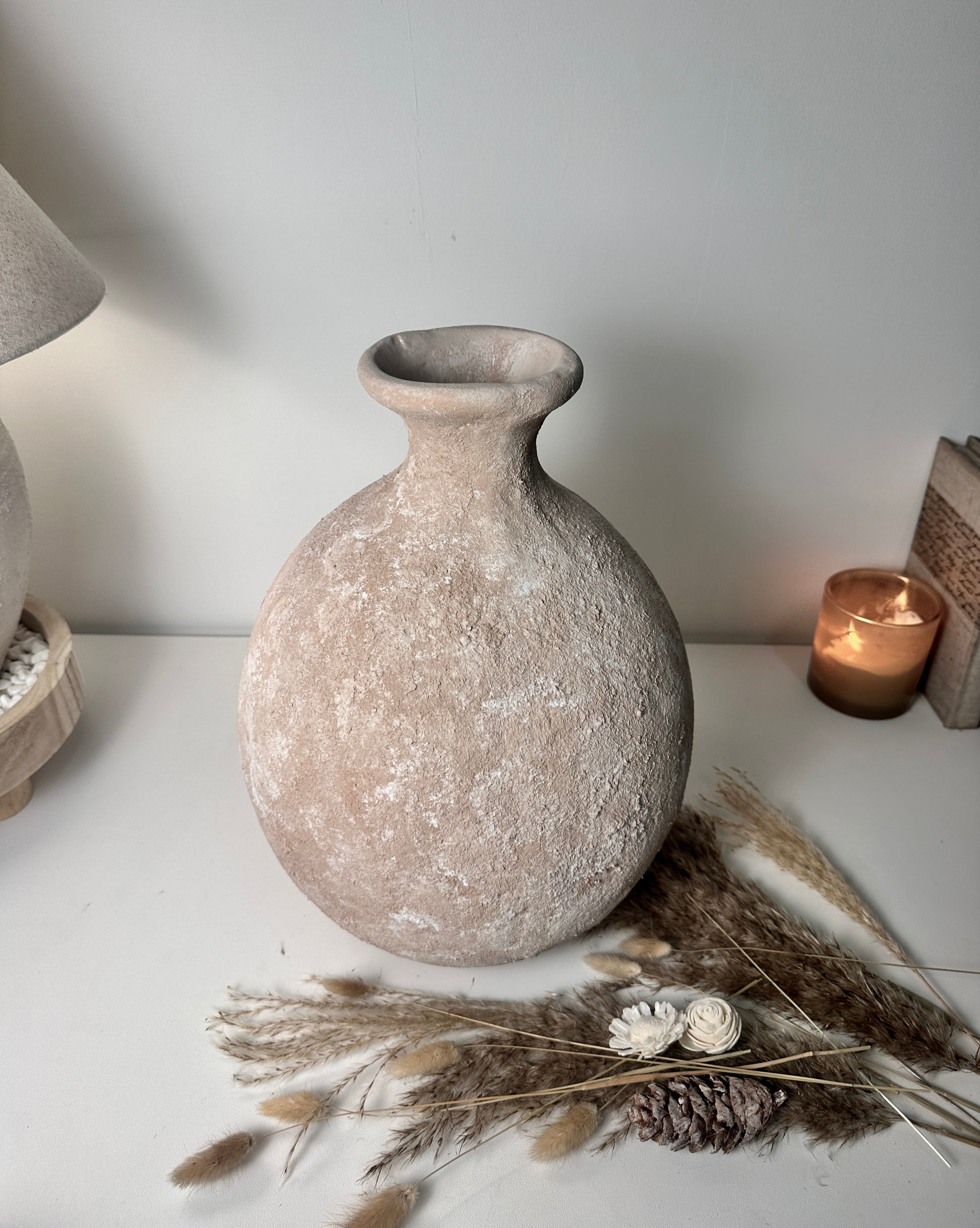 Minimalist Textured Hand-Painted Vase 15" tall - Light Beige Wash