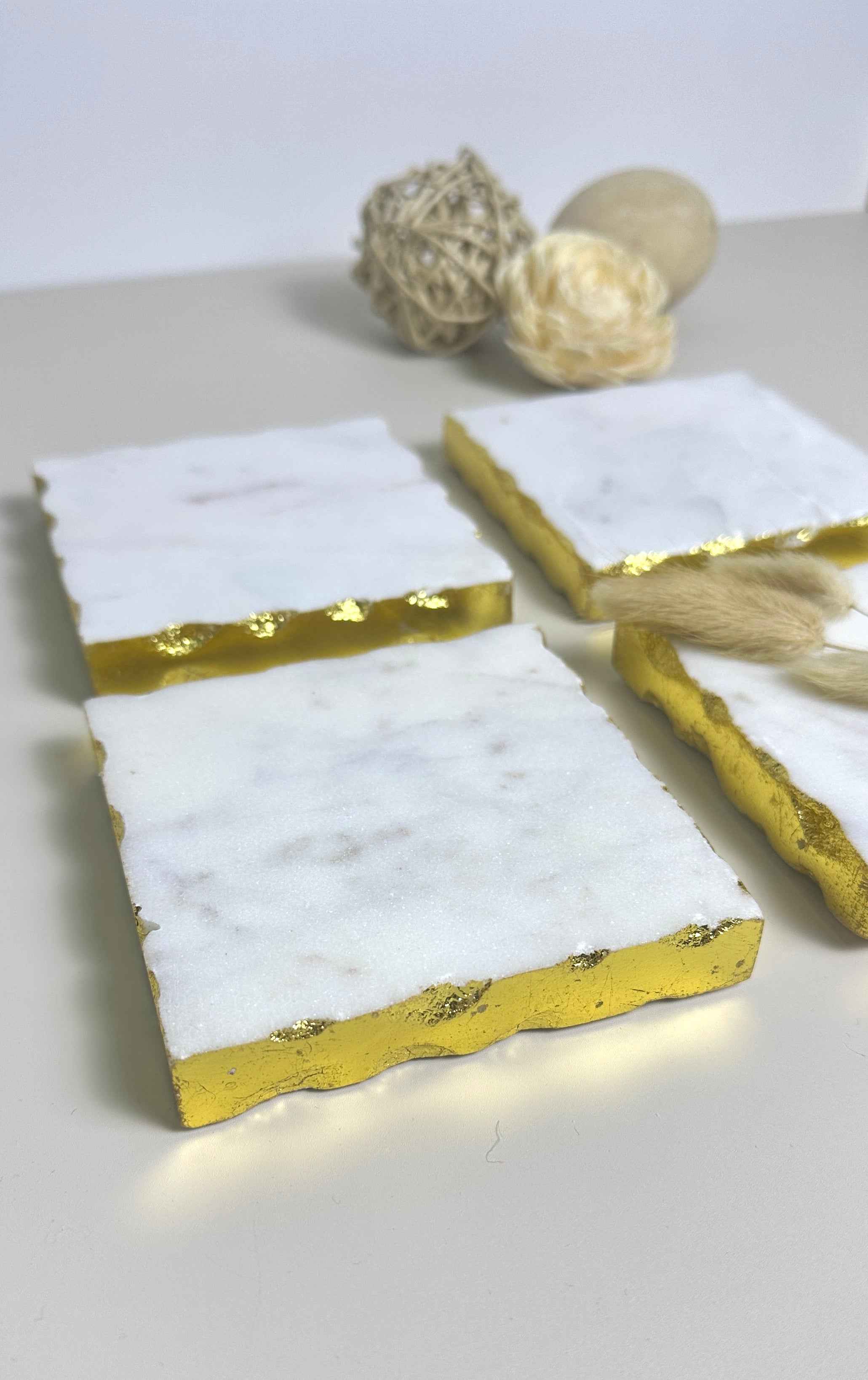 Elegant White Marble and Gold Coasters - Set of 4
