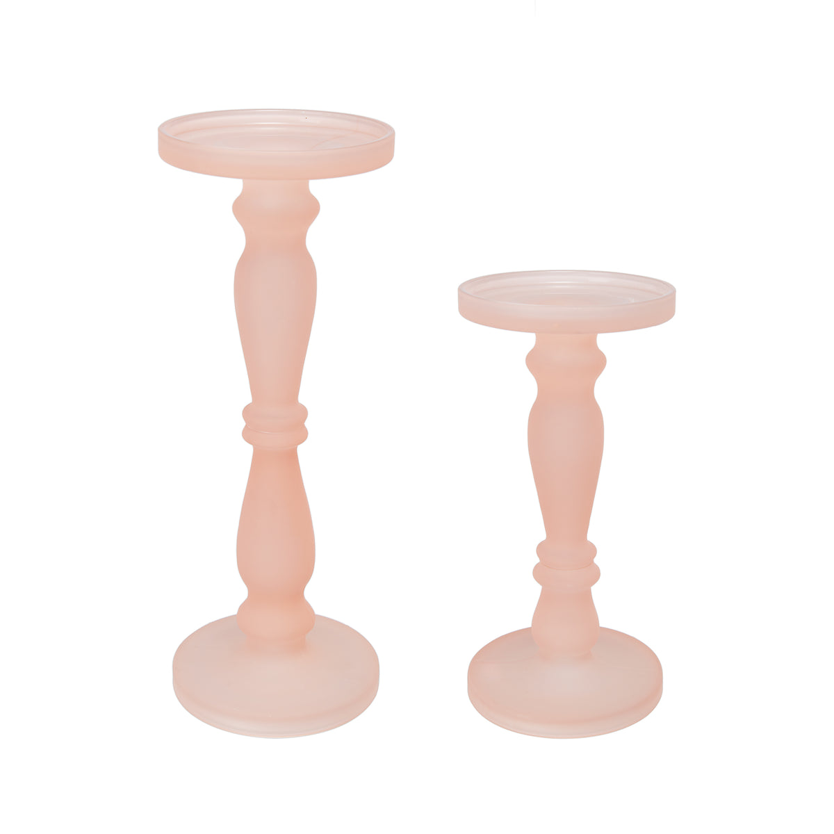 Set of 2 Candle Holders, Rose Pink Turned Pedestal Glass