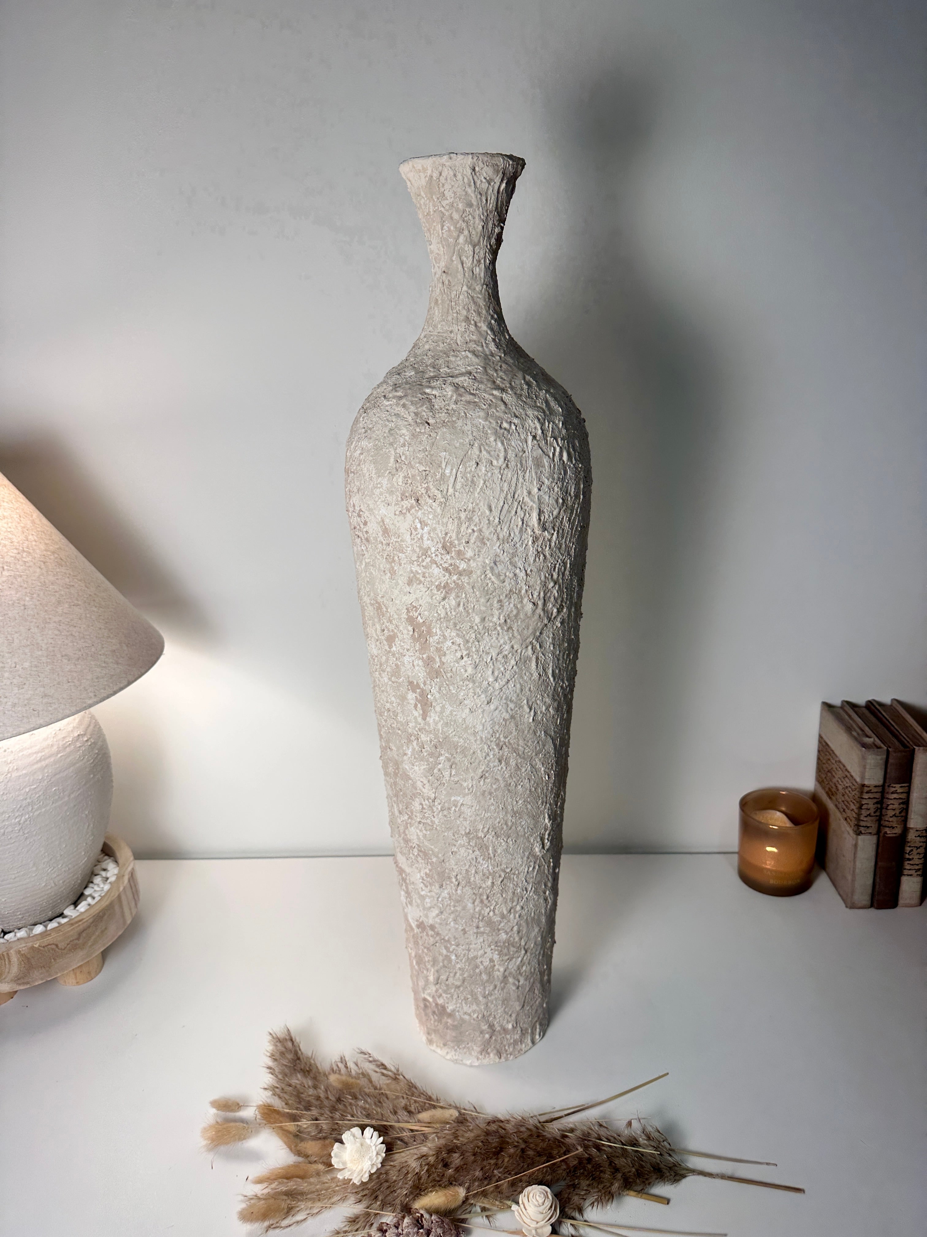 Floor Vase 32" tall minimalist hand-painted metal texture - cream wash