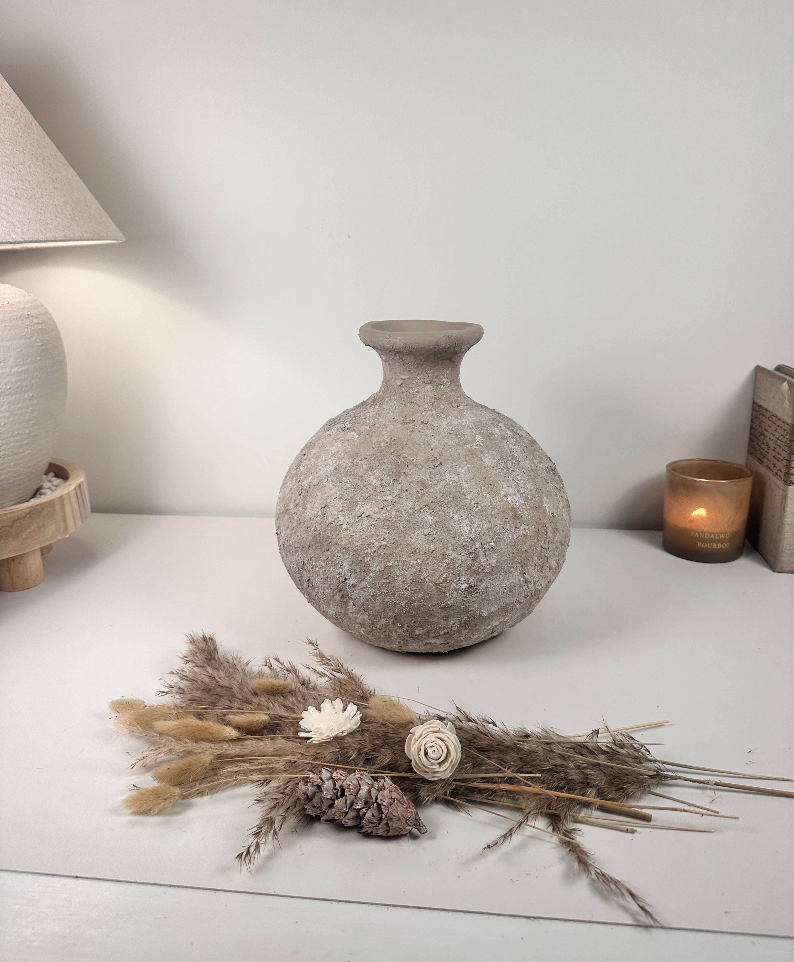 Rustic Hand-Painted Ceramic Round Bottle Vase 11" tall - Beige Wash