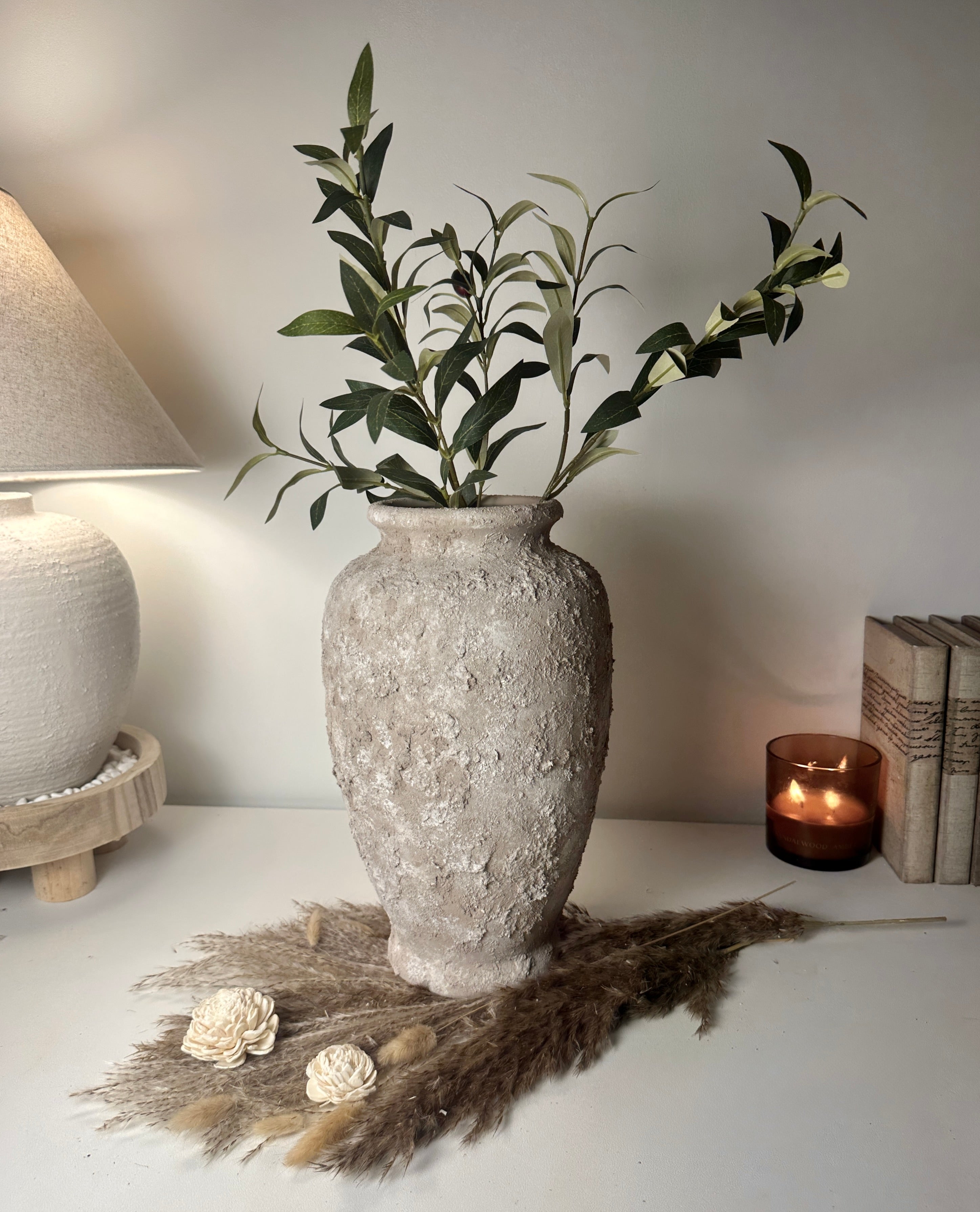 Rustic Hand-Painted Textured Ceramic Vase 14" tall - Beige Wash