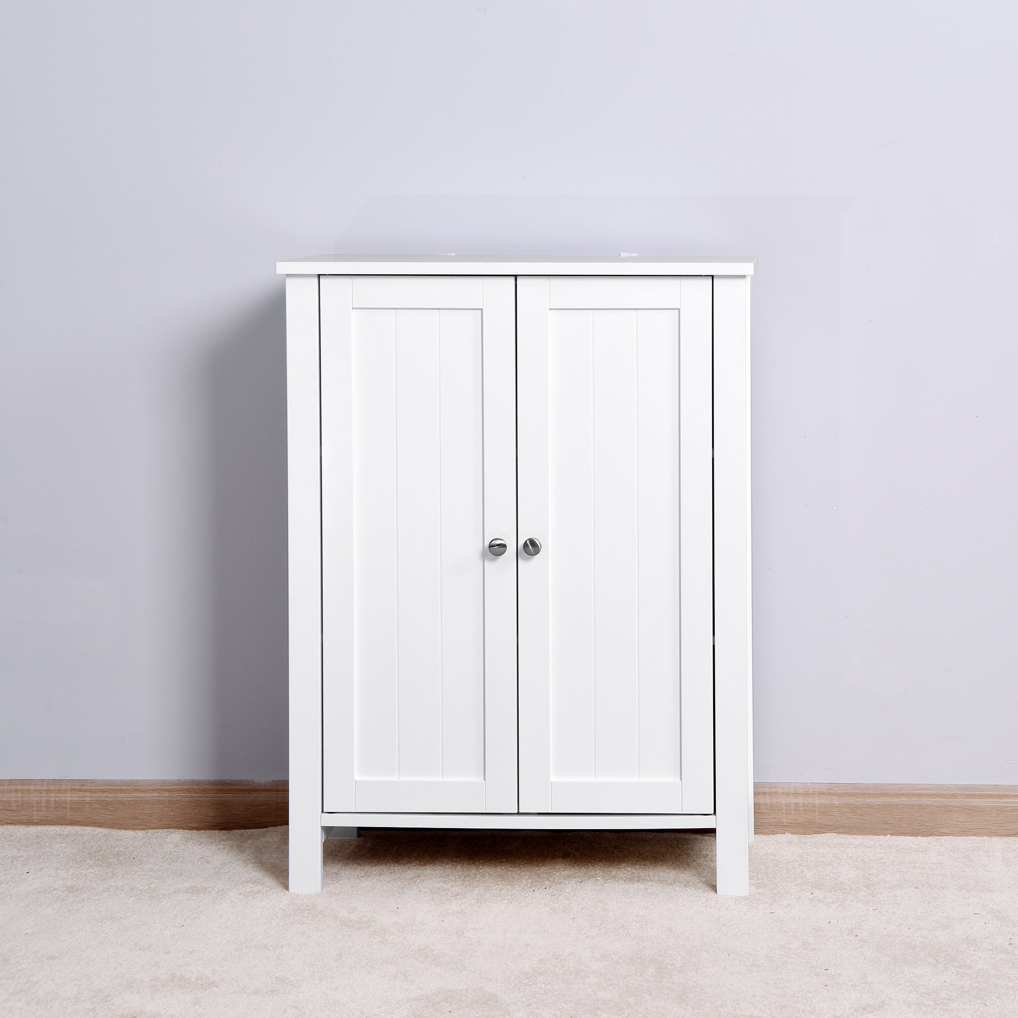 Bathroom Floor Storage Cabinet with Double Door Adjustable Shelf - White