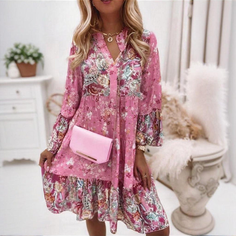 Women's Round Neck Button Front Floral Print Dress - Spring Summer Patchwork Midi Dress