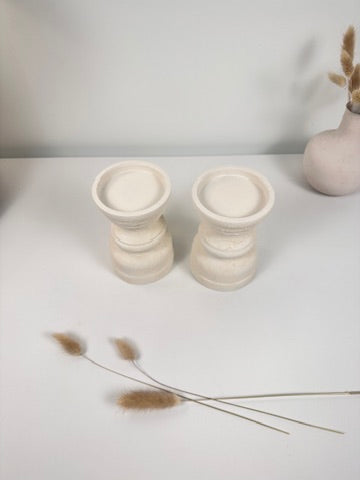 Set of 2 Candle Holders Minimalist Style Hand-Painted and Textured Wood 6" tall each - Cream White