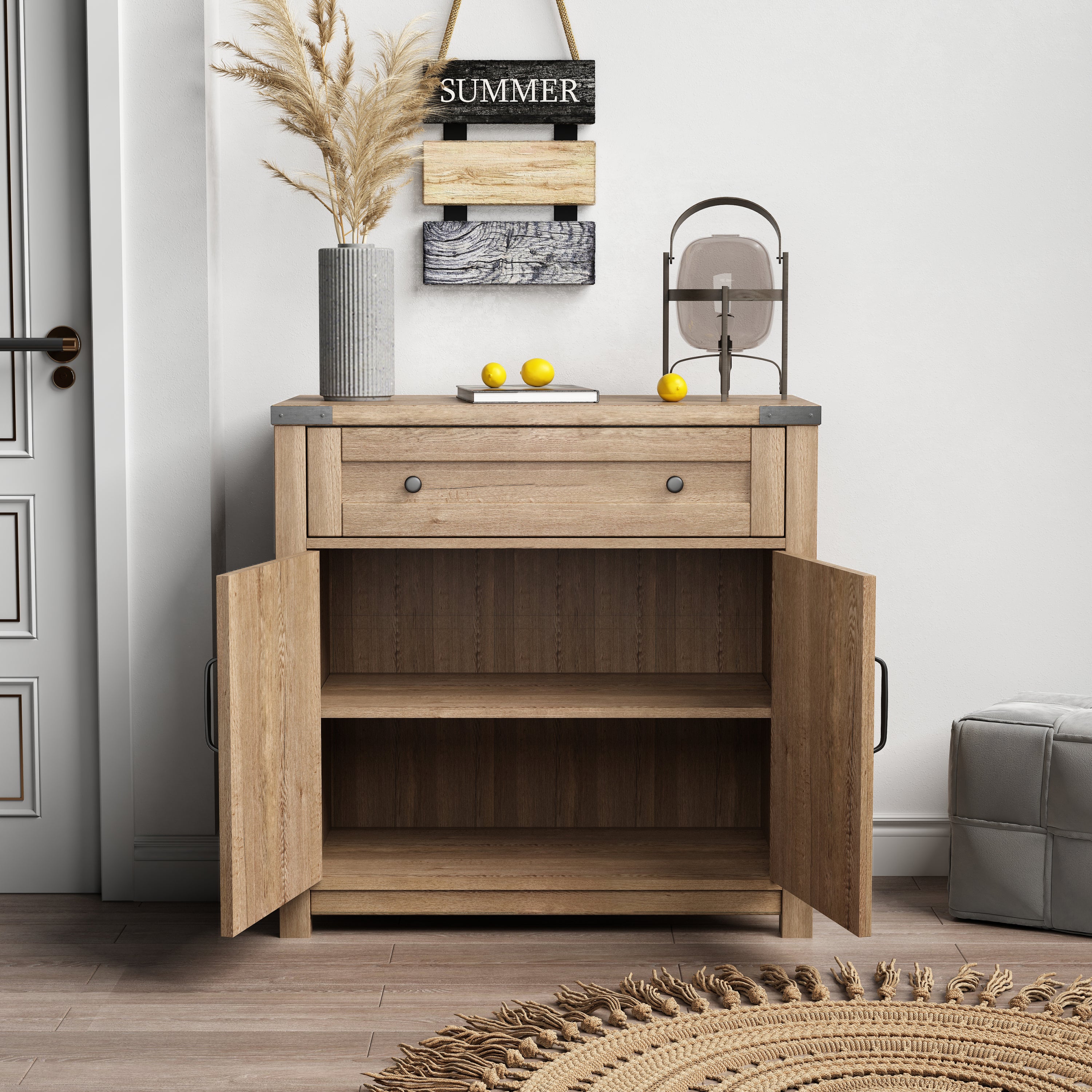 Modern Farmhouse Double Barn Door Accent Cabinet, 30 Inch, Tobacco Wood