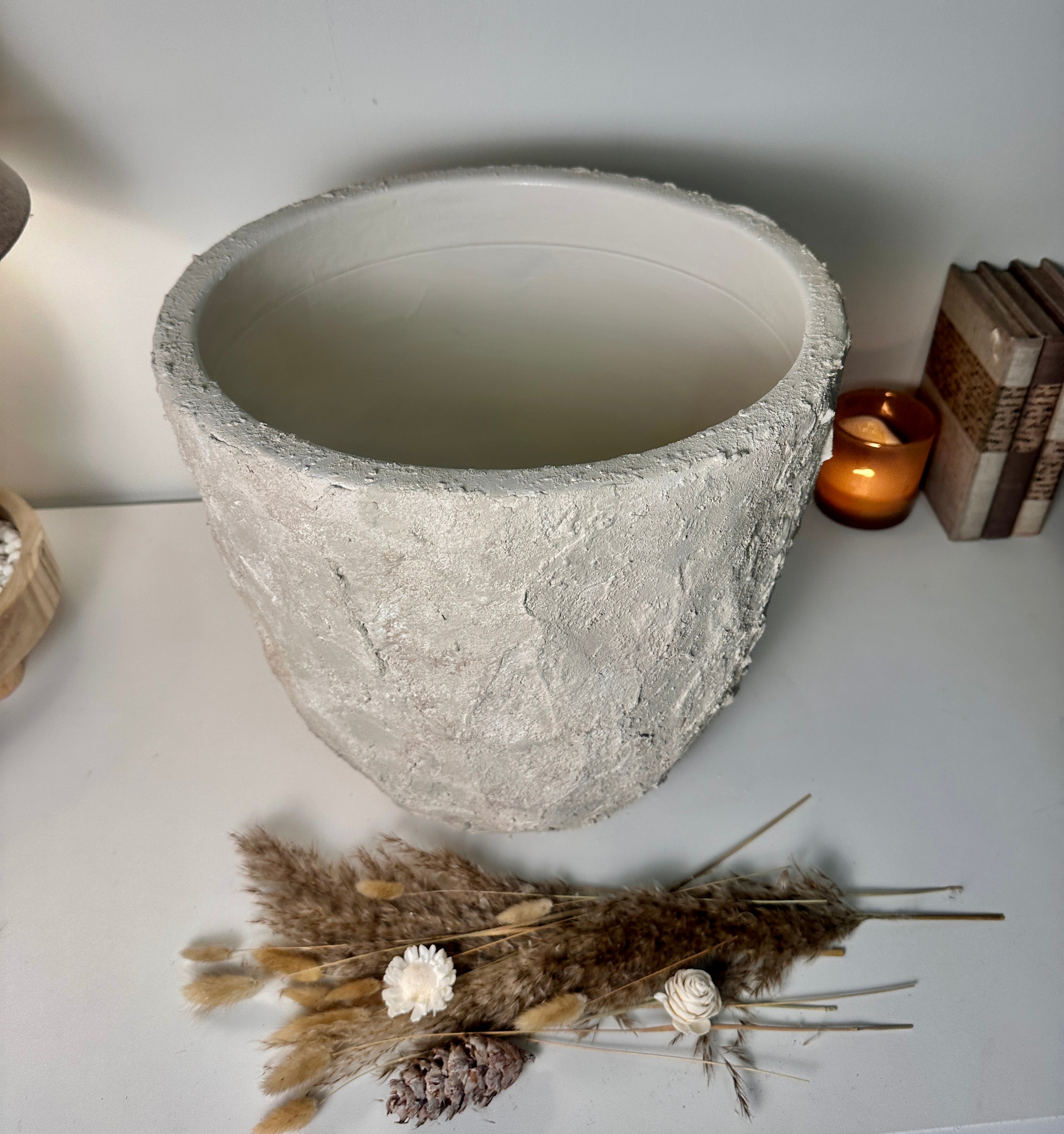 Minimalist Hand-Painted & Textured Planter Pot 14" tall with drainage hole one time creation - Cream