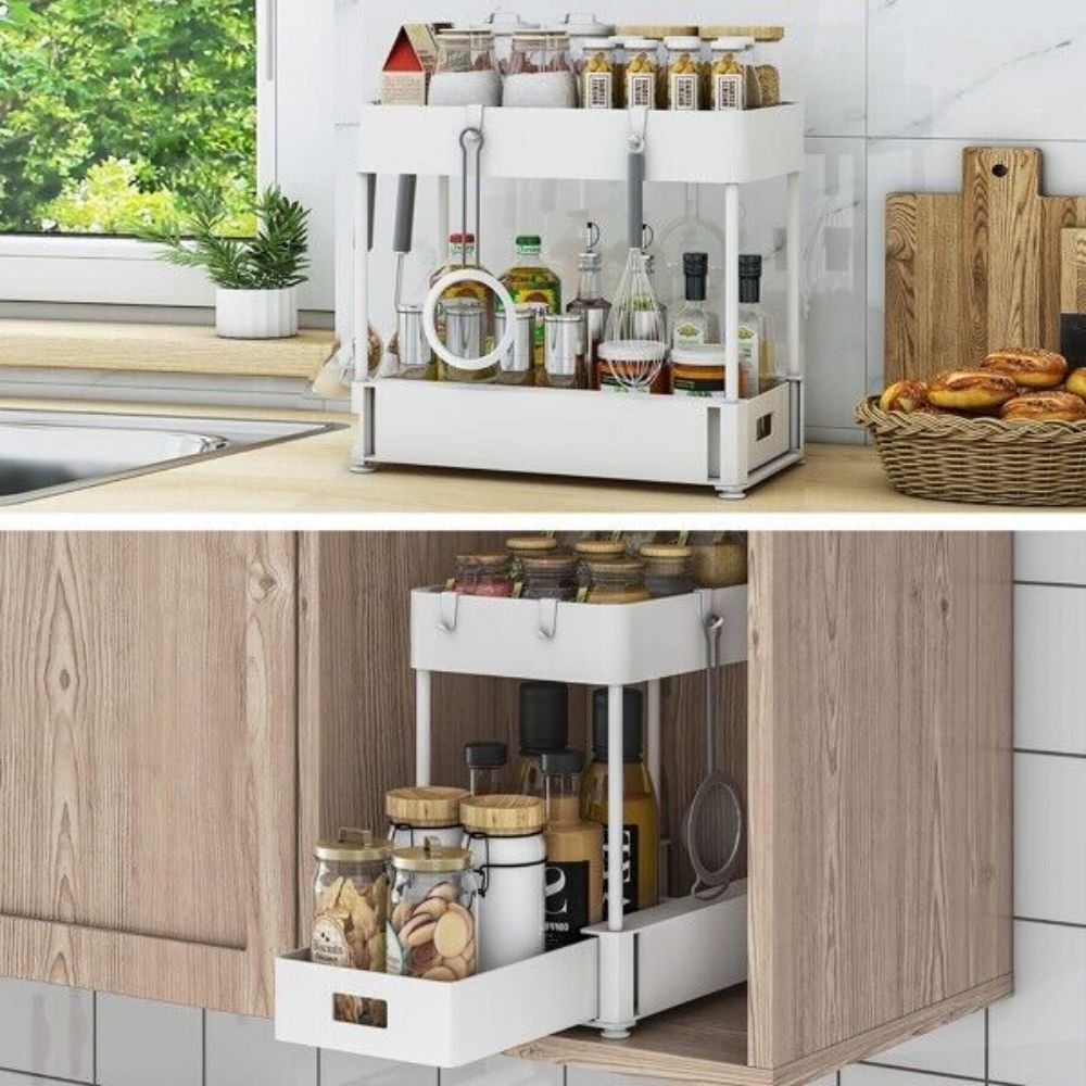 2 Pack Under Sink Organizers and Storage Bathroom Organizer Under Sink, Pull Out Cabinet Organizer for Kitchen Bathroom Sink Storage - White