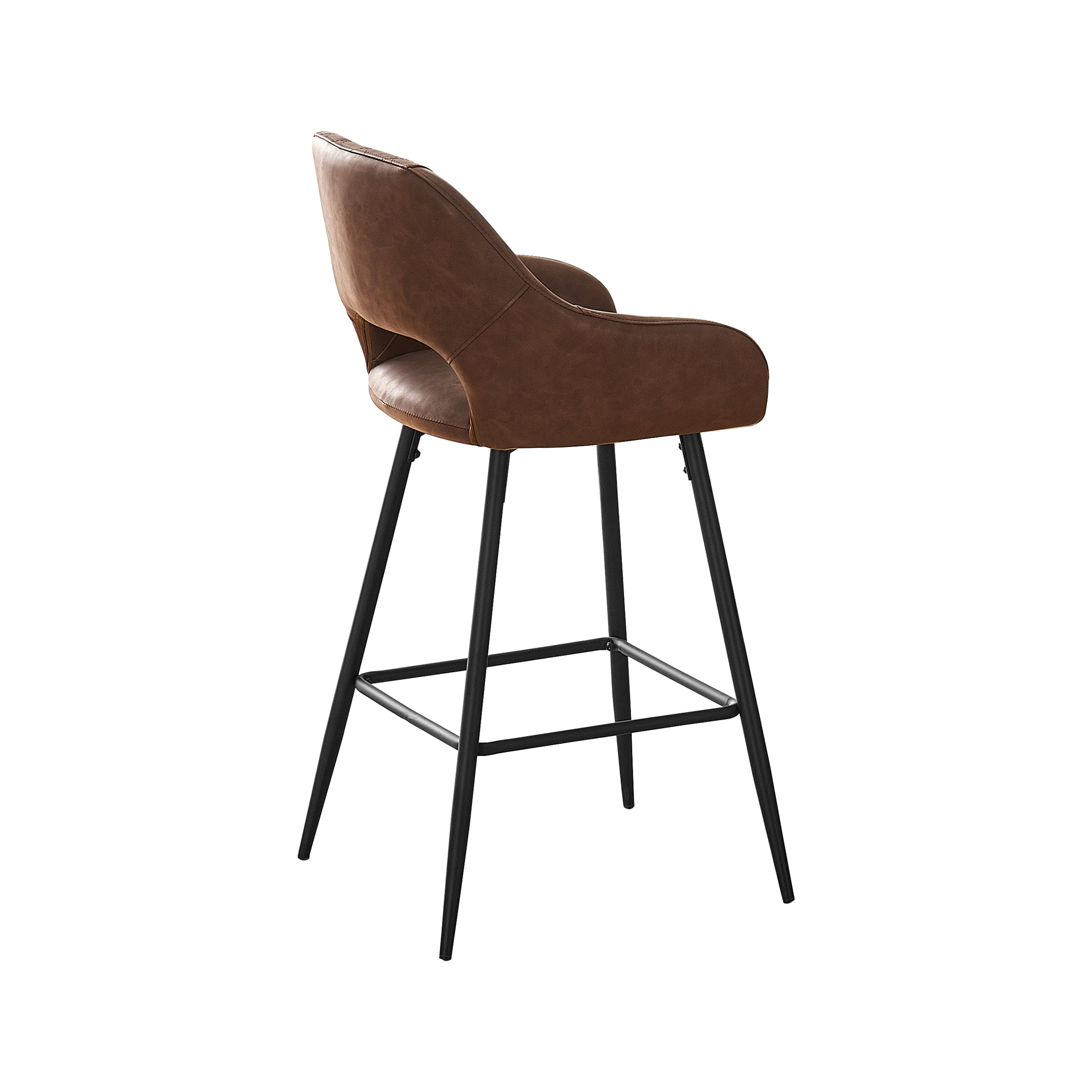 Bar Stools Set of 2 Leather Brown Breakfast Dining Bar Stools Fixed Height Bar Chairs with Metal Frame and Footrest