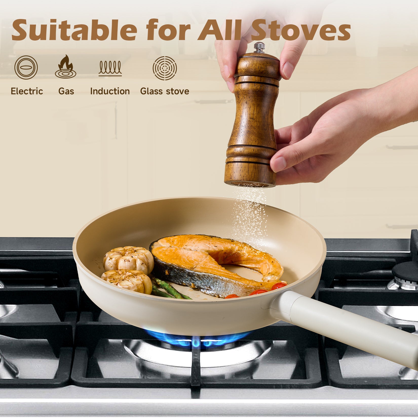 Ceramic Cookware Sets, Pots And Pans Set Non Stick, Healthy Induction Kitchen Cooking Set With Removable Handles, Stackable Pots Pans, Oven Safe, PFOA,PFOS Free, Beige