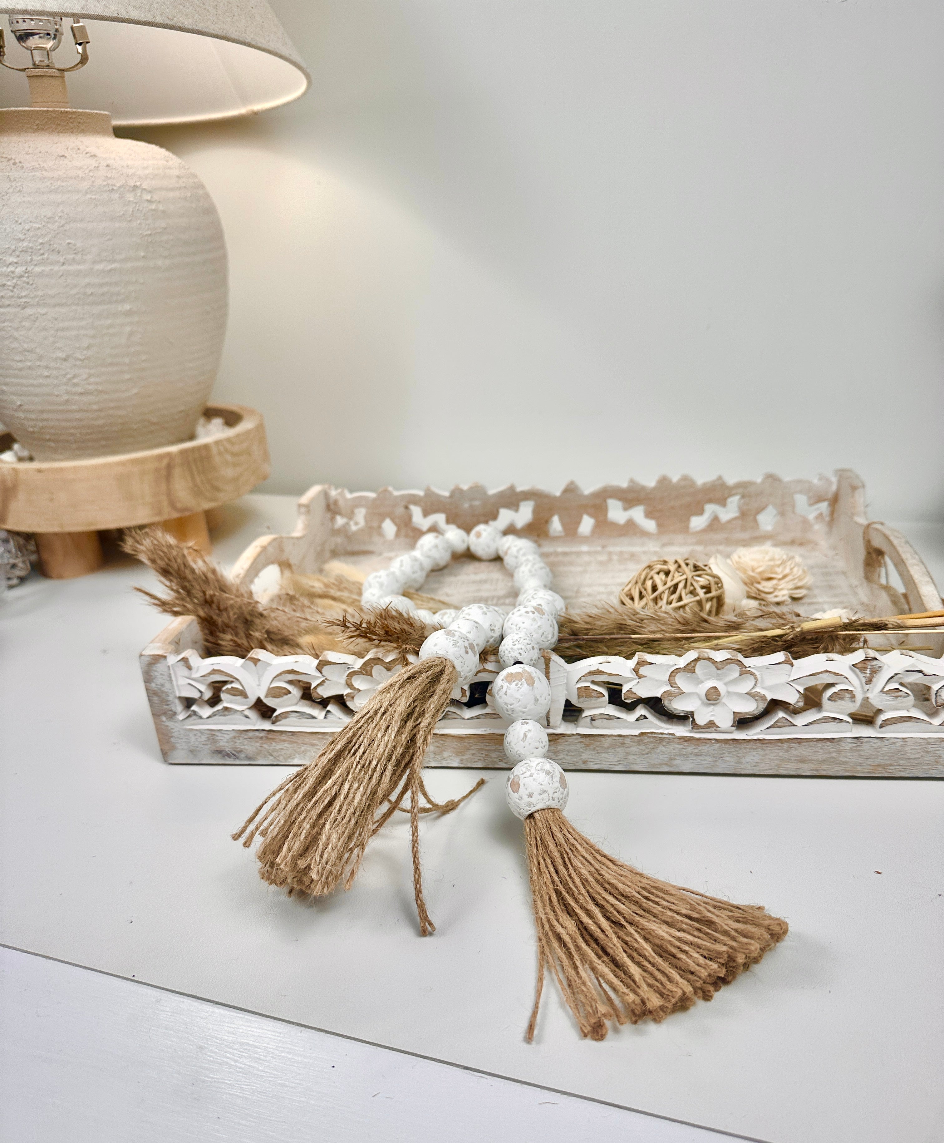 Set of 2 Boho Paulownia Bowl Tray 7"tall Ivory Sand + Wood Bead Garland