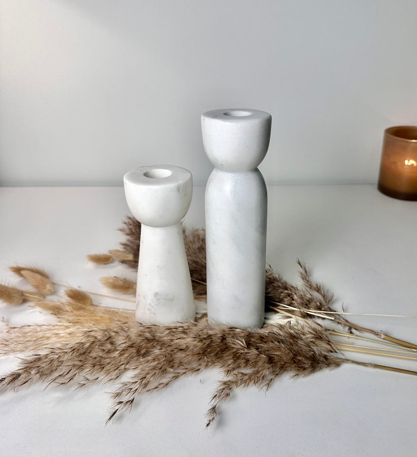 Set of 2 Marble Candle Holders (6x2x2" 8x2x2")  - White