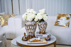 17.50"H Alluring White and Gold Ginger Jar with Removable Lid
