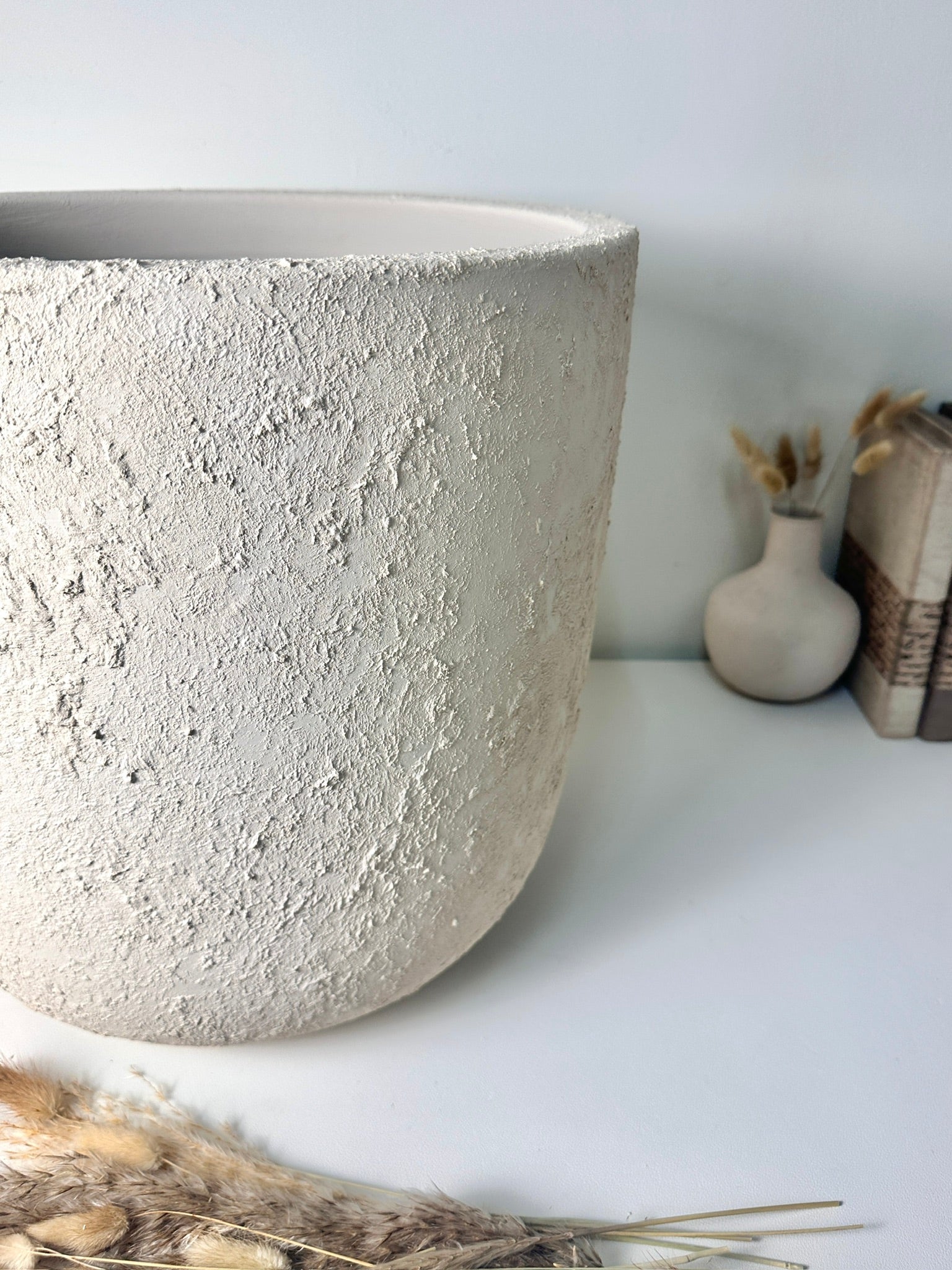 Minimalist Hand-Painted & Textured Planter Pot 14" tall with drainage hole one time creation - Cream