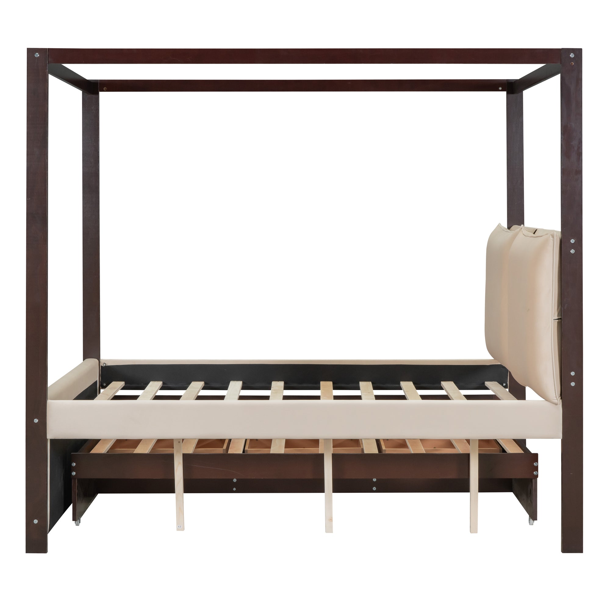 Full Size Upholstered  Canopy Bed with Trundle and 3 Drawers - Beige
