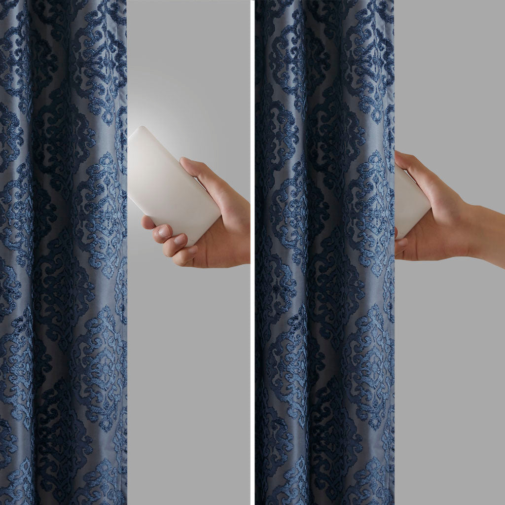 Knitted Jacquard Damask Total Blackout Grommet Top Curtain Panel - Navy