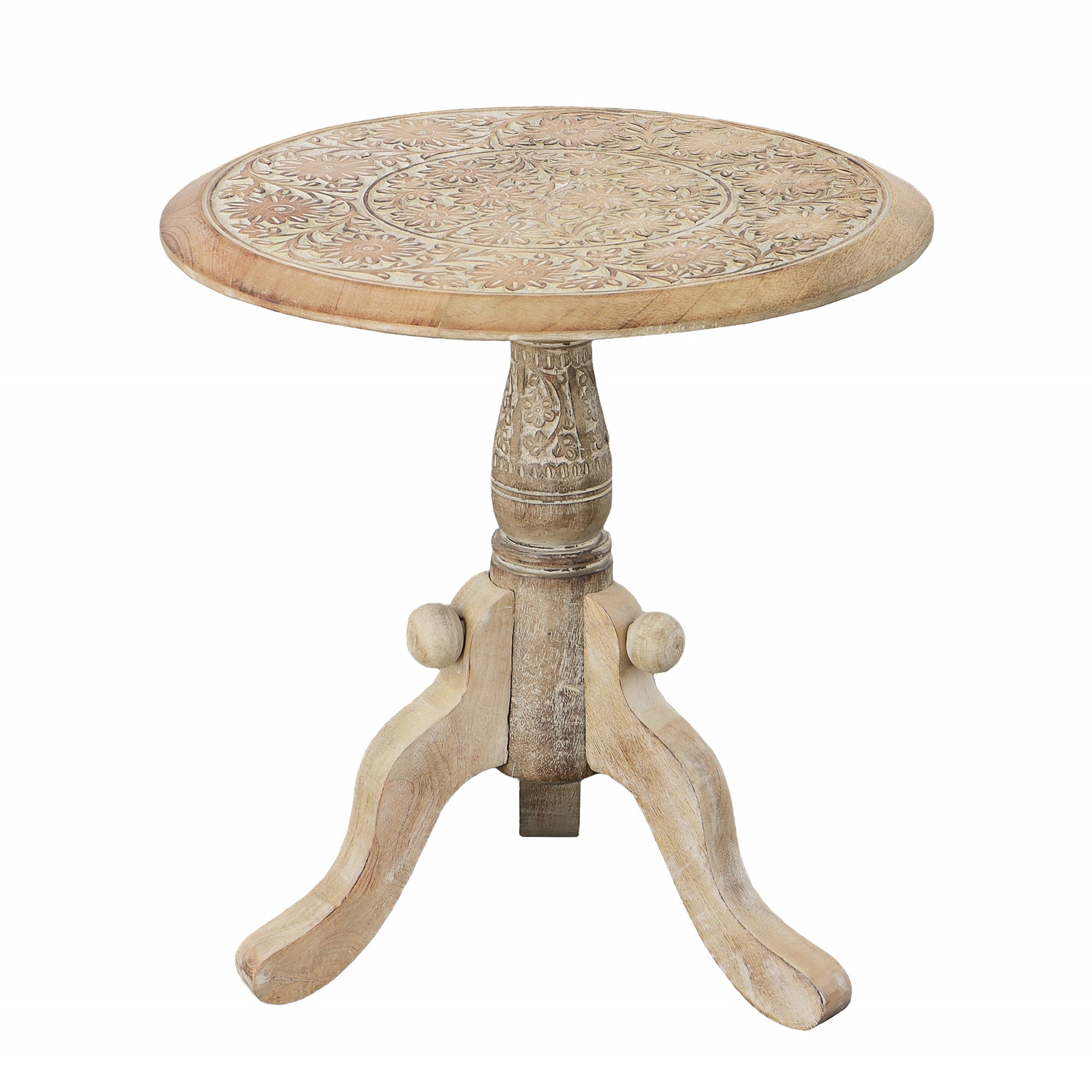 French Style Intricately Carved Round Top Mango Wood Side End Table with Pedestal Base - Natural and White