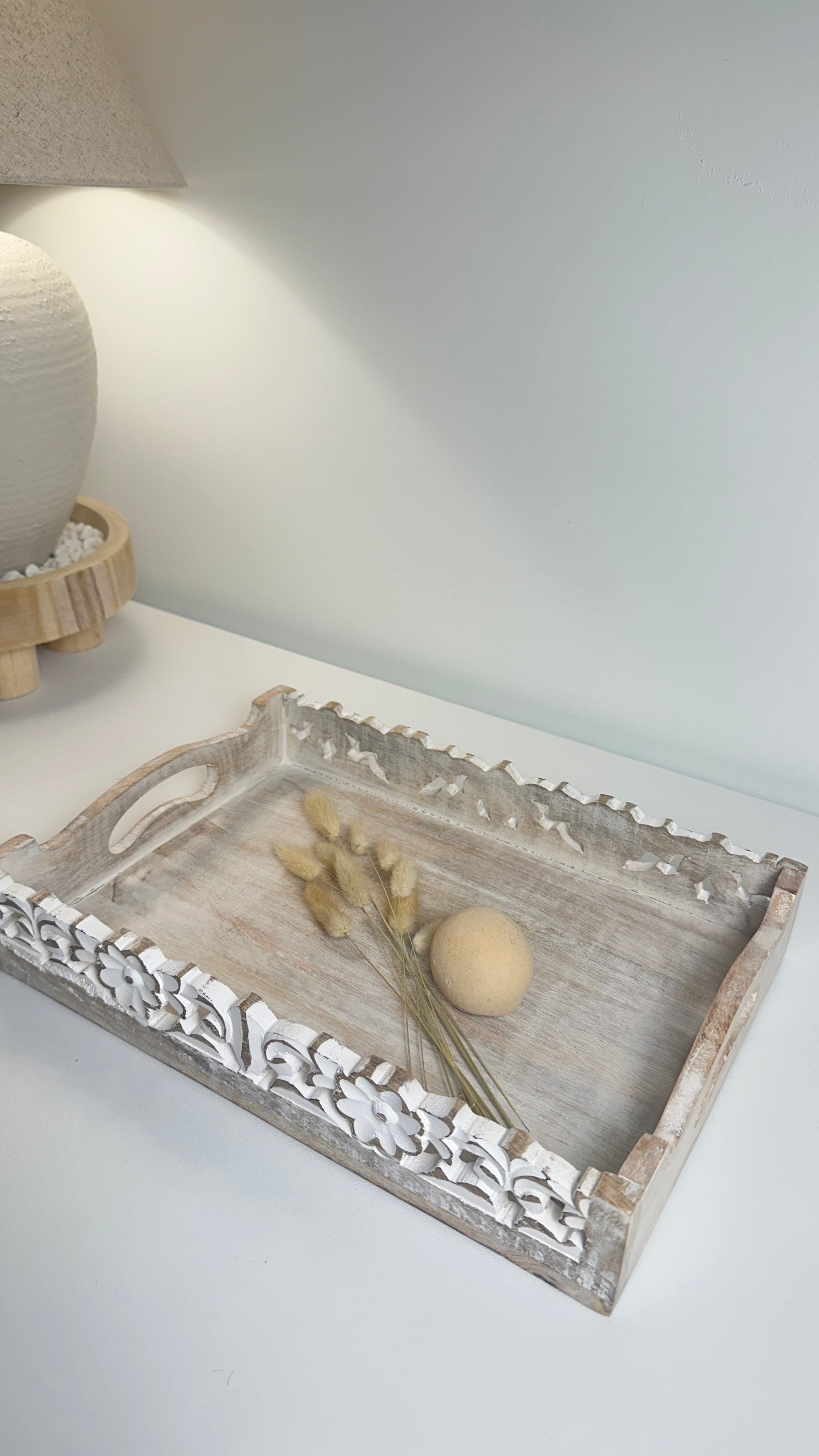 Boho Handmade Decorative Serving Wooden Tray Whitewashed