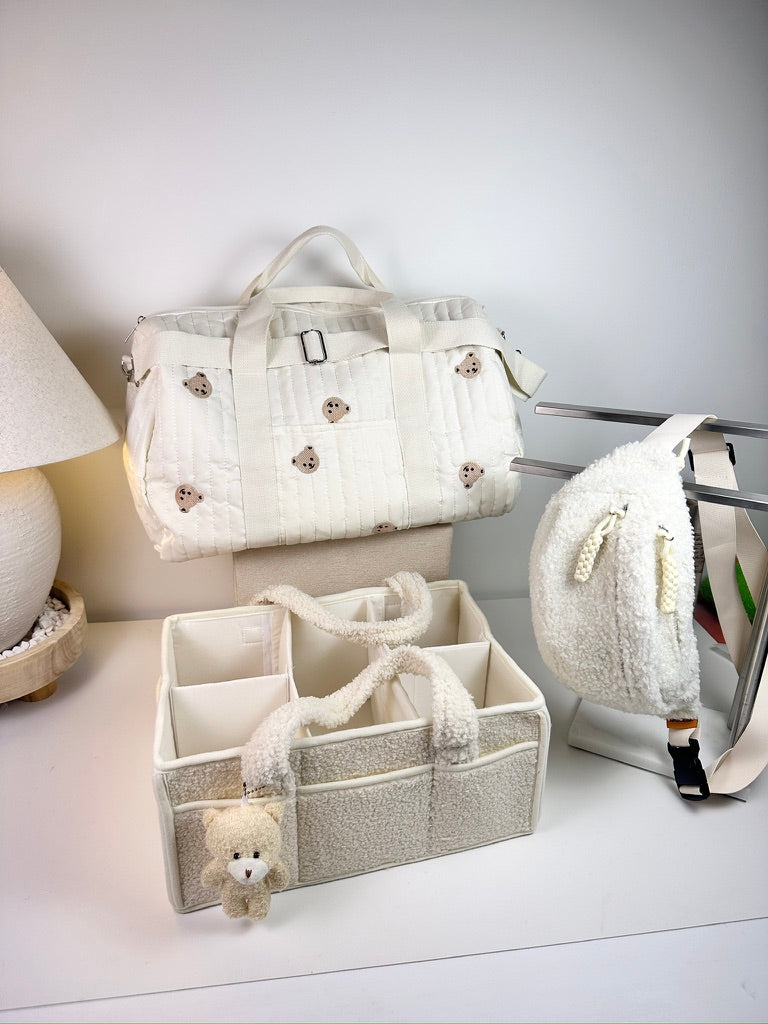 Set of 3 Travel Bag, Crossbody Bag and Caddy Diaper Bag for Baby Essentials - Cream