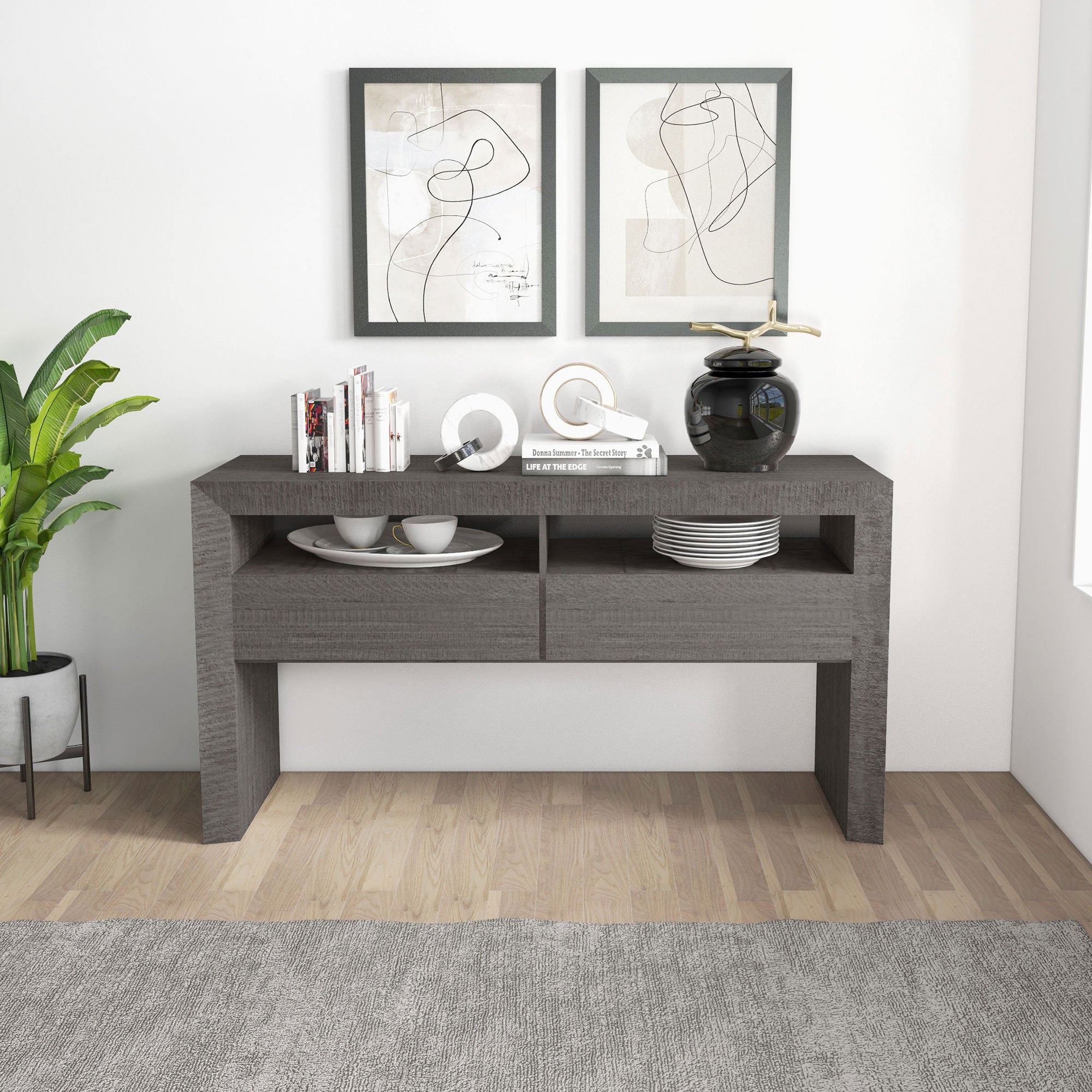 Modern Farmhouse Buffet Storage Cabinet with Drawers - Dark Grey