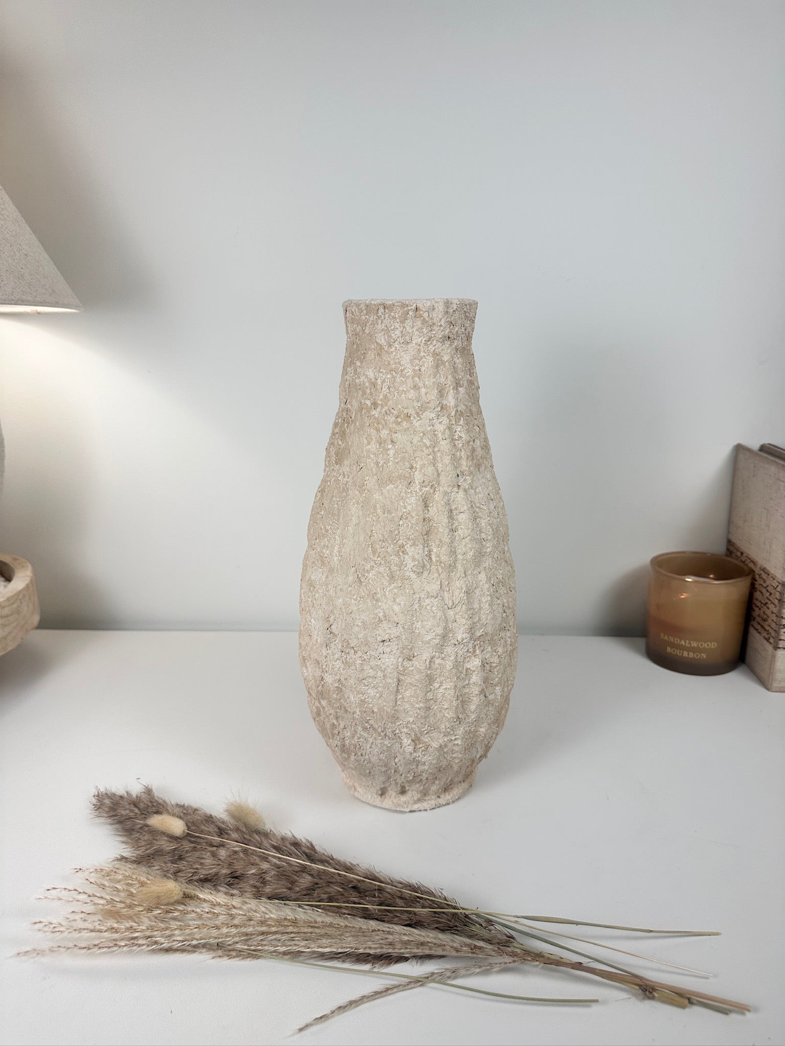 Minimalist Hand-Painted/Textured Ceramic Vase 14" - Cream Sand washed