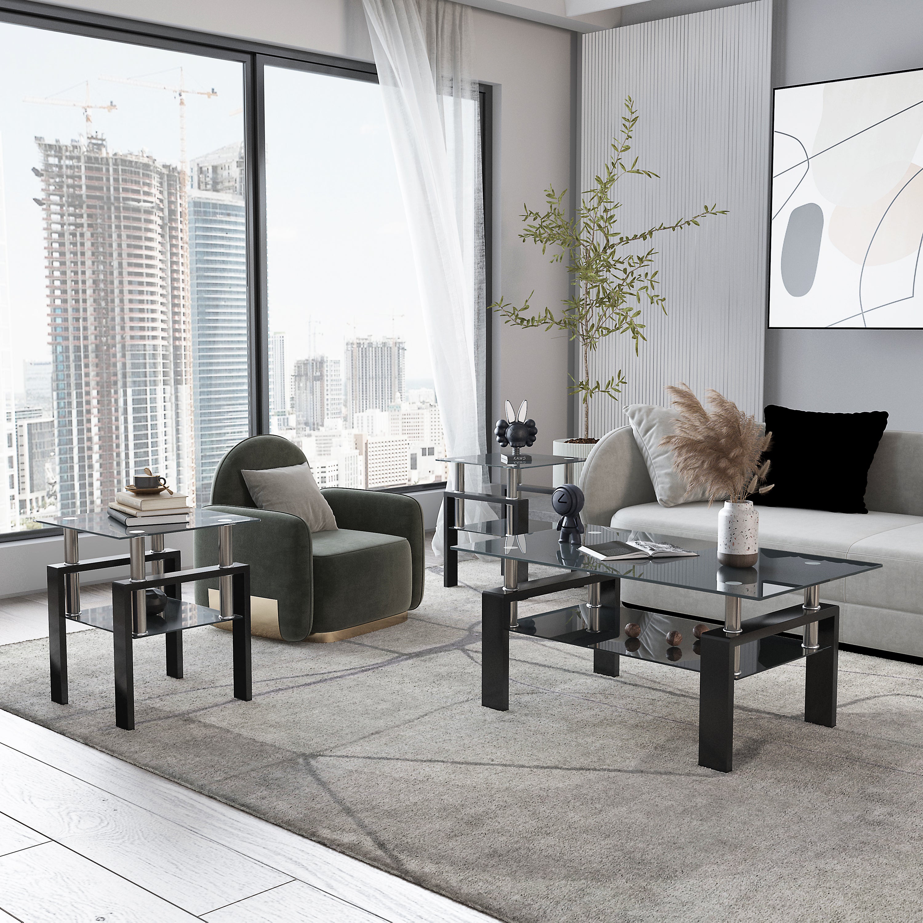 Set of 2 - Modern Tempered Glass Tea End Table - Black