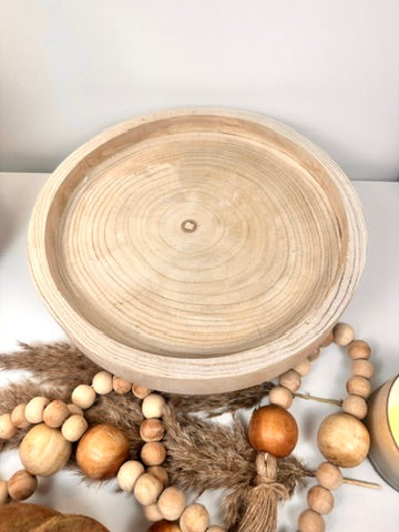 Set of 3 Decorative Accent Boho Mediterranean Style, Organic and Rustic Centerpiece Setting (Vase, Paulownia Tray and Natural Wood Bead Garland)