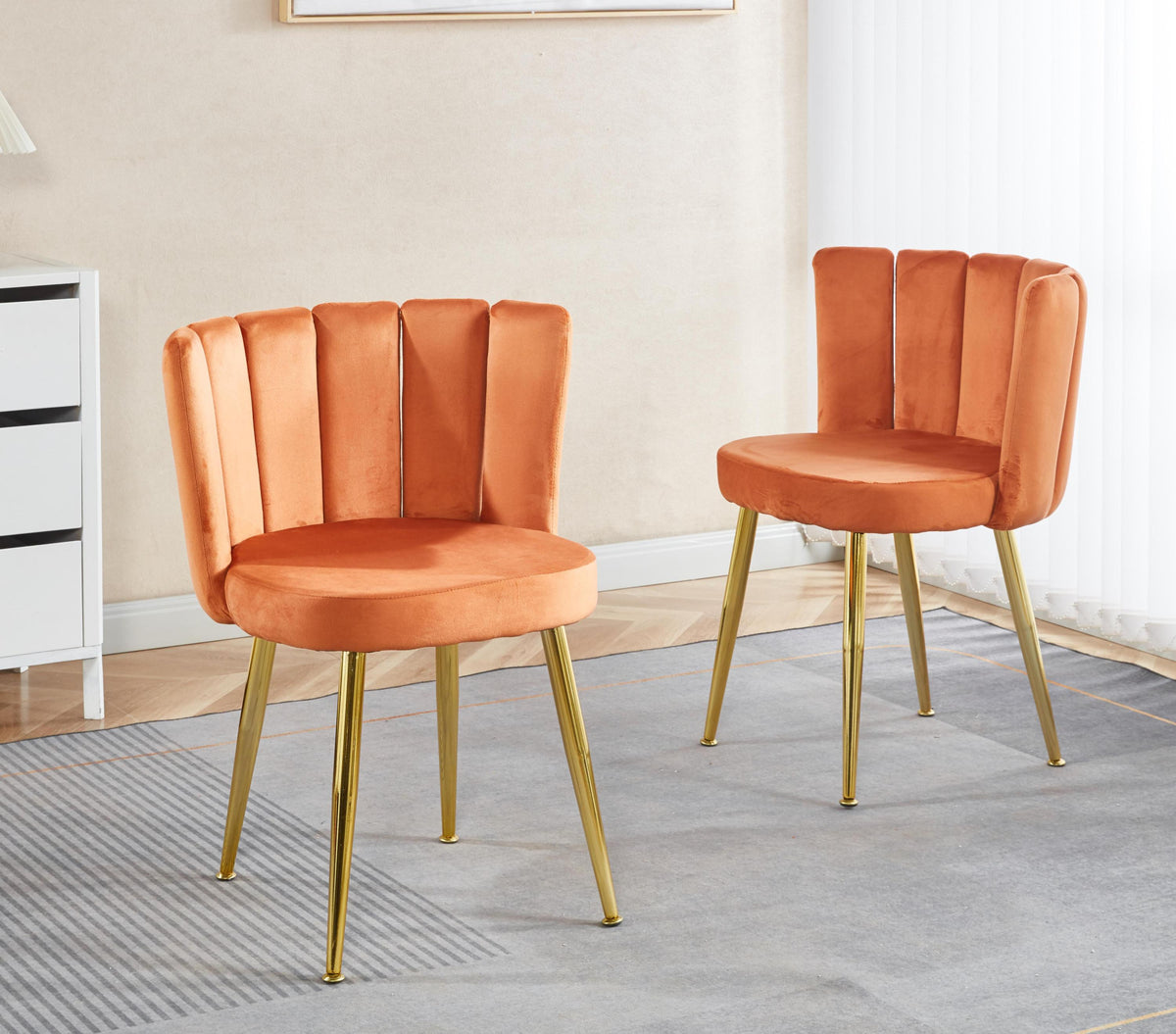 Modern ORANGE  dining chair(set of 2 ) with iron tube golden color legs, velvet and comfortable backrest, suitable for dining room, living room, cafe, simple structure.