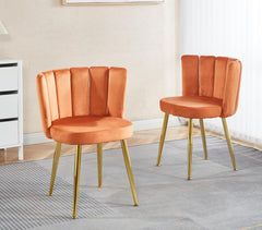 Modern ORANGE  dining chair(set of 2 ) with iron tube golden color legs, velvet and comfortable backrest, suitable for dining room, living room, cafe, simple structure.