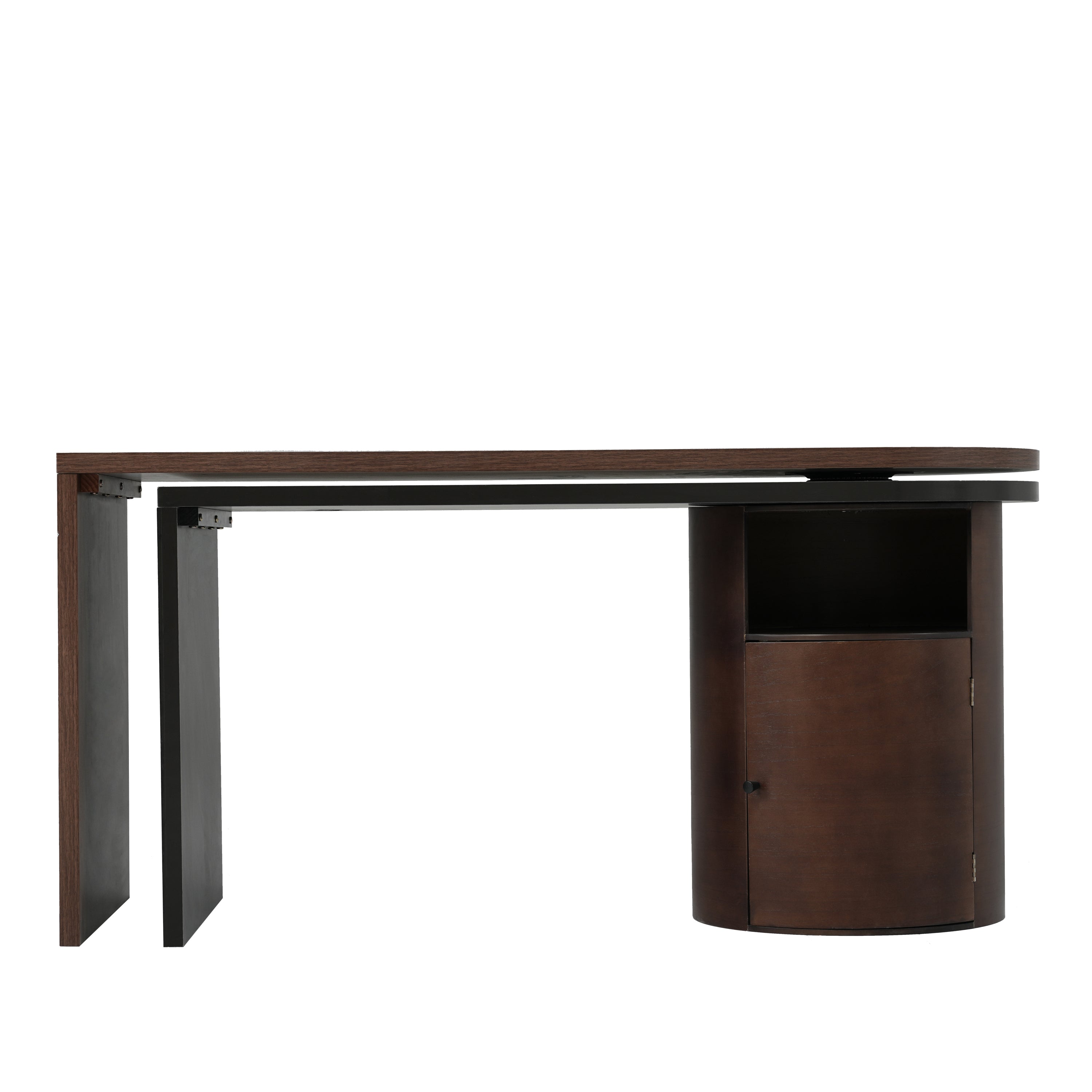 Modern L Shaped Desk in Walnut with 1 Cabinet and Open storage, 360° Wood Rotating Desk 56.92"  - Walnut