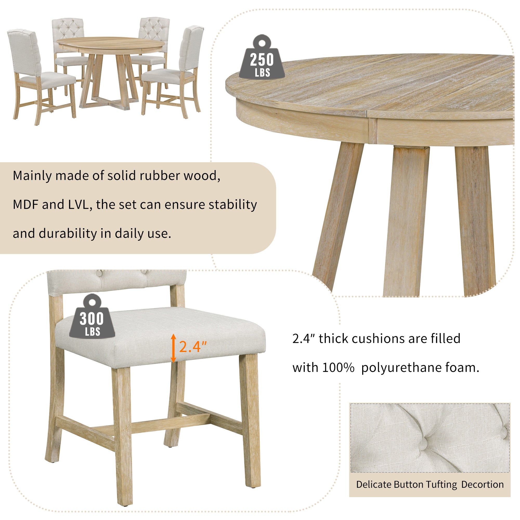 5-Piece Retro Functional Dining Set, Round Table with a 16"W Leaf and 4 Upholstered Chairs - Natural