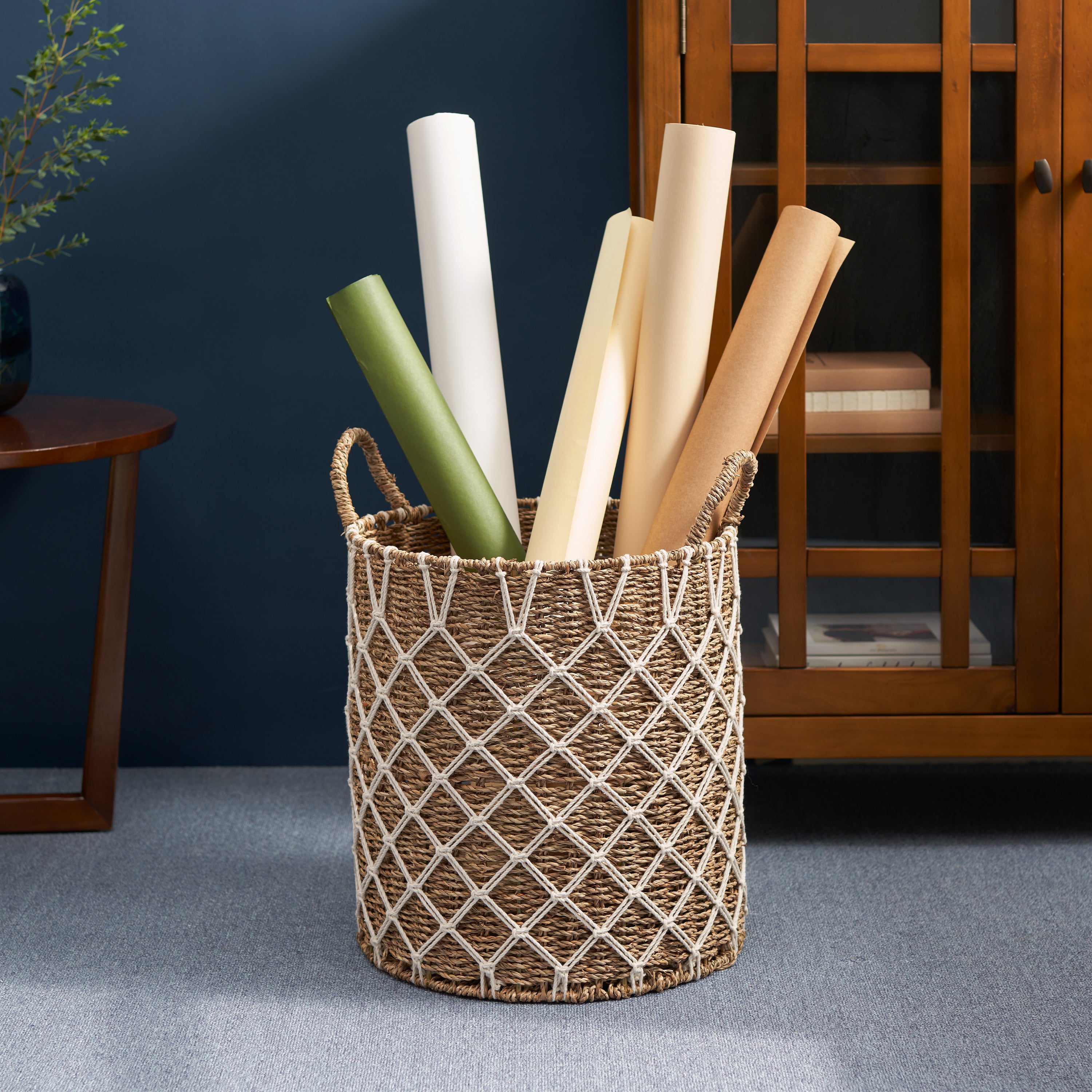 Round Water Hyacinth Woven Laundry Basket with Handles - 15" x 15" x 18.5" - Natural Brown