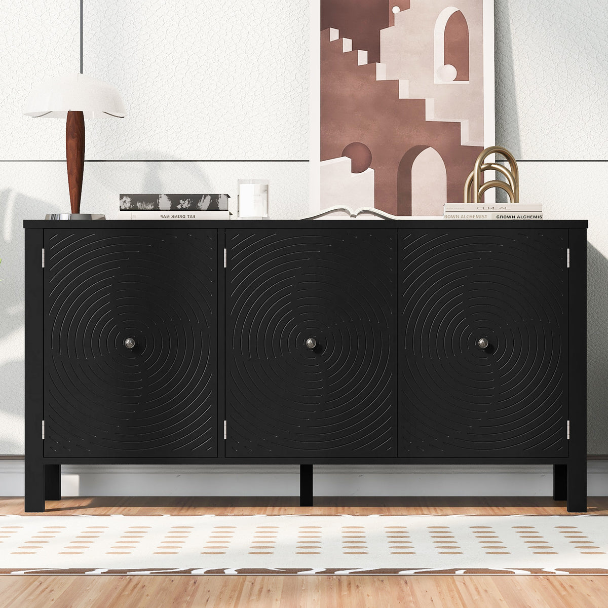 Sideboard with Curved Swirl Patterned Doors and Artistic Three-Door Design,Suitable for Living Rooms,Entrance and Study