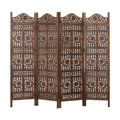 Hand Carved Sun And Moon Design Foldable 4 Panel Wooden Room Divider - Brown