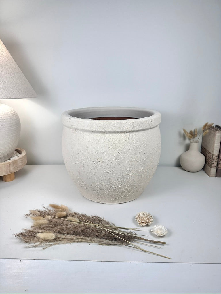 Minimalist Hand-Painted & Textured Planter Pot 12" tall with drainage hole one time creation - Cream