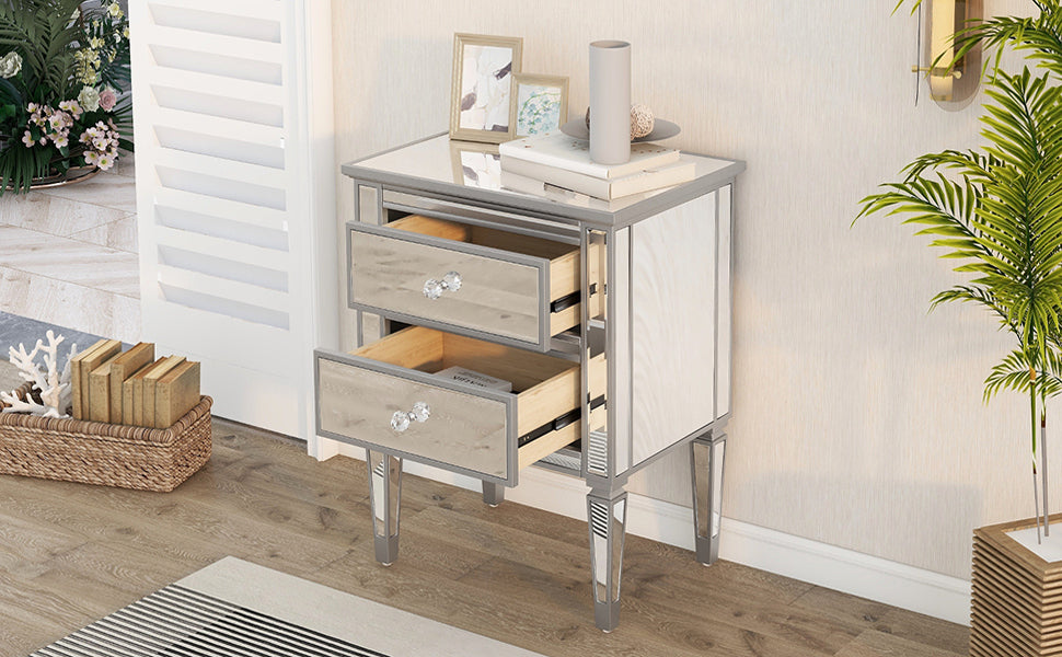 Elegant Mirrored Side Table with 2 Drawers, Modern Silver Finished