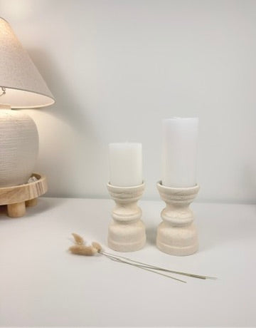 Set of 2 Candle Holders Minimalist Style Hand-Painted and Textured Wood 6" tall each - Cream White