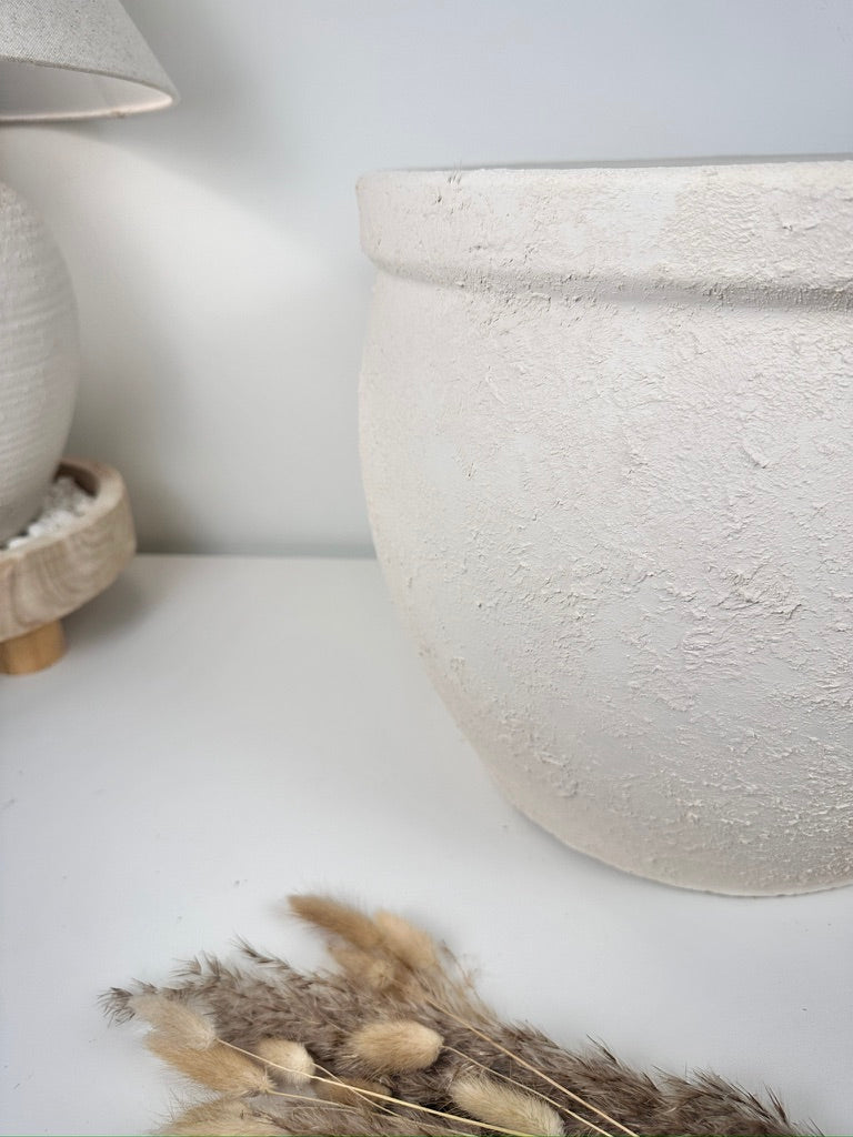 Minimalist Hand-Painted & Textured Planter Pot 12" tall with drainage hole one time creation - Cream
