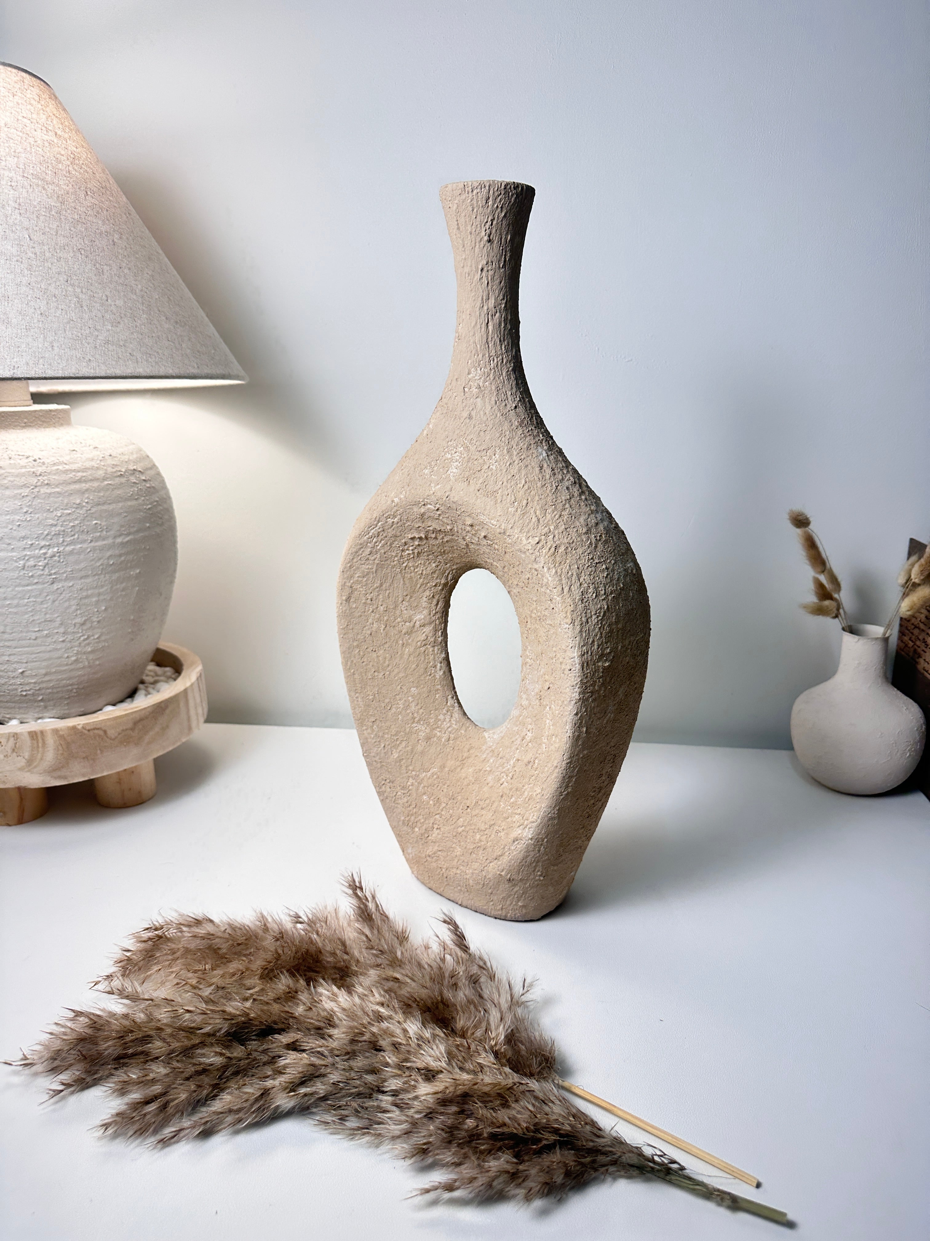 Art piece metal vase hand-painted and textured beige color 18.5’’ tall