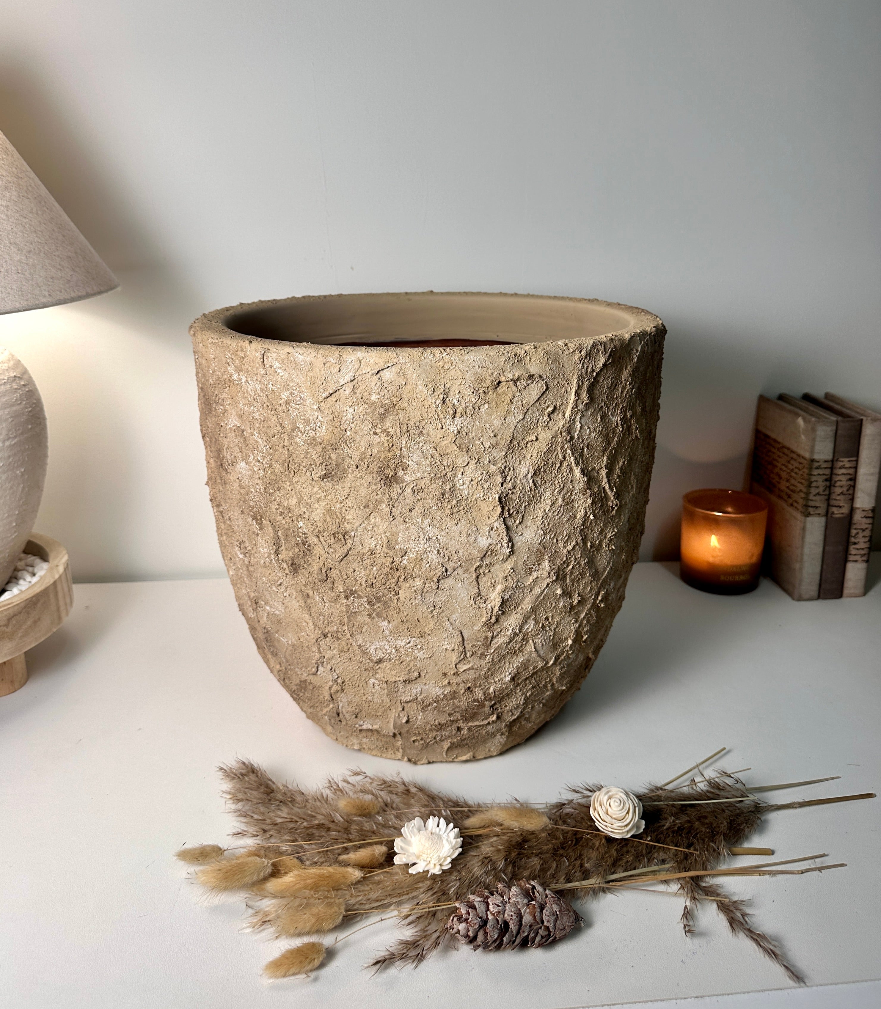 Rustic Hand-Painted & Textured Planter Pot 14" tall with drainage hole one time creation - Espresso Brown