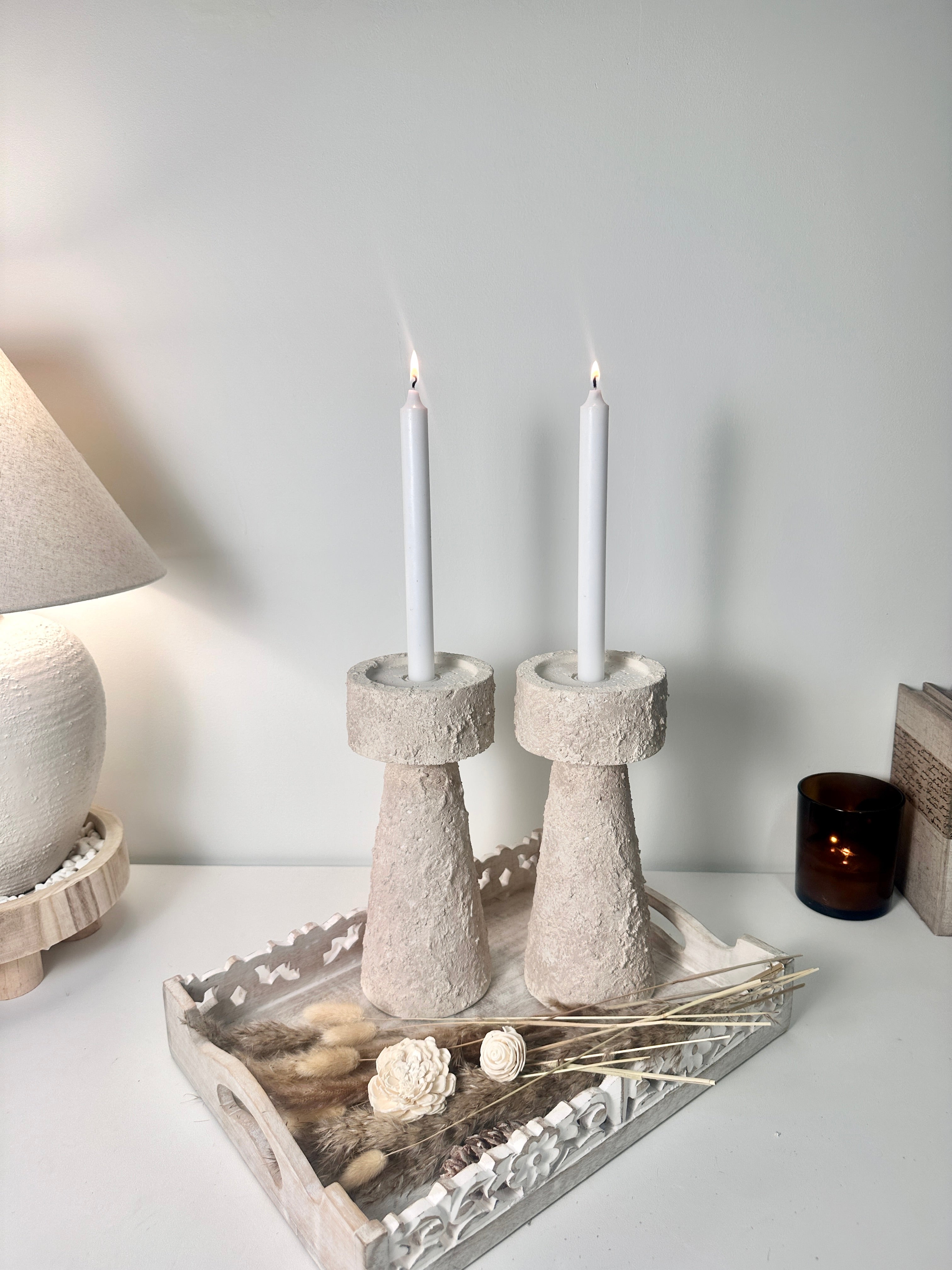 Set of 2 candle holder tray and stick minimalist style 11" tall - Cream wash