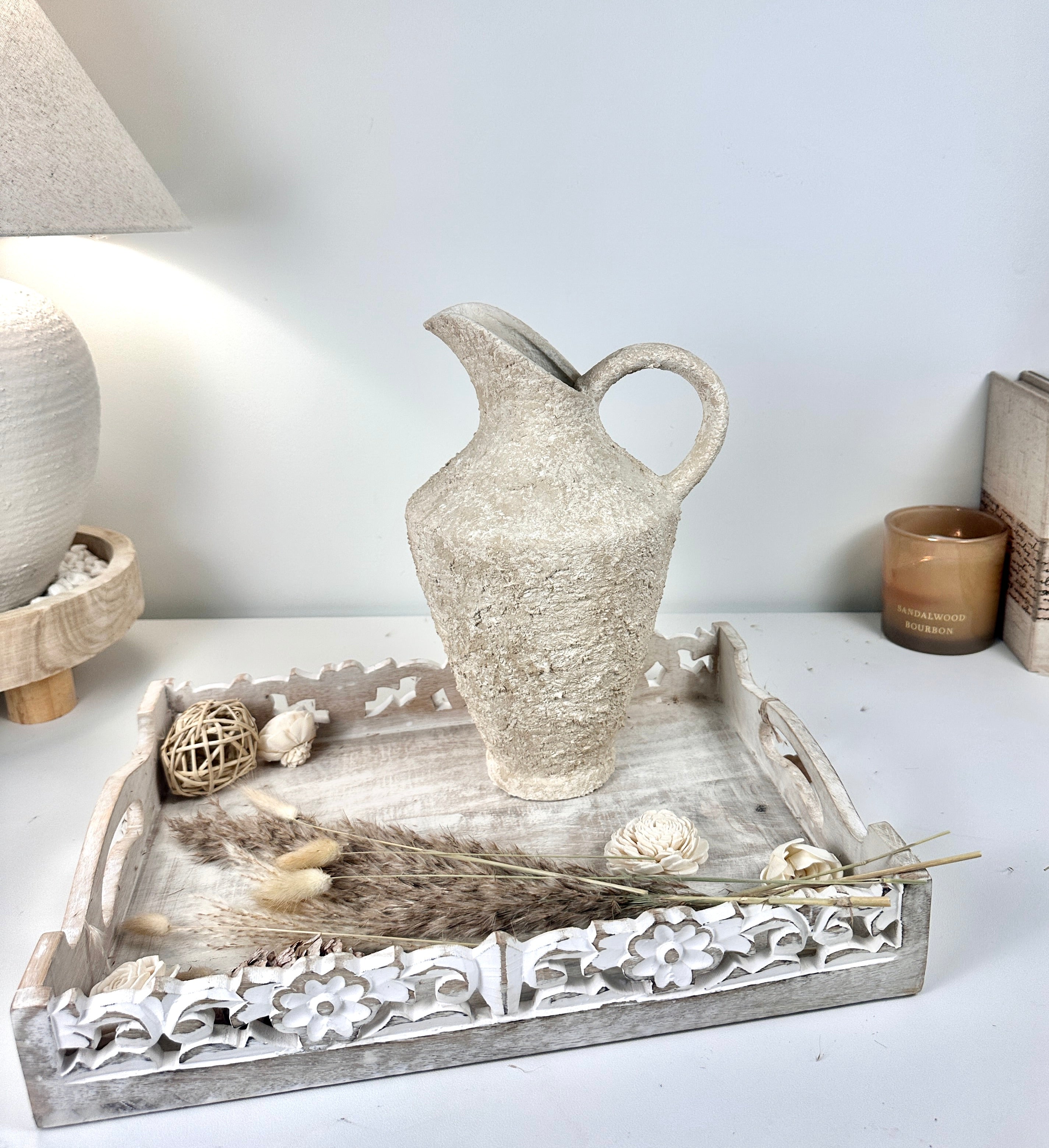 Decorative Textured Hand-painted Pitcher Vase Cream Sand washed 12"