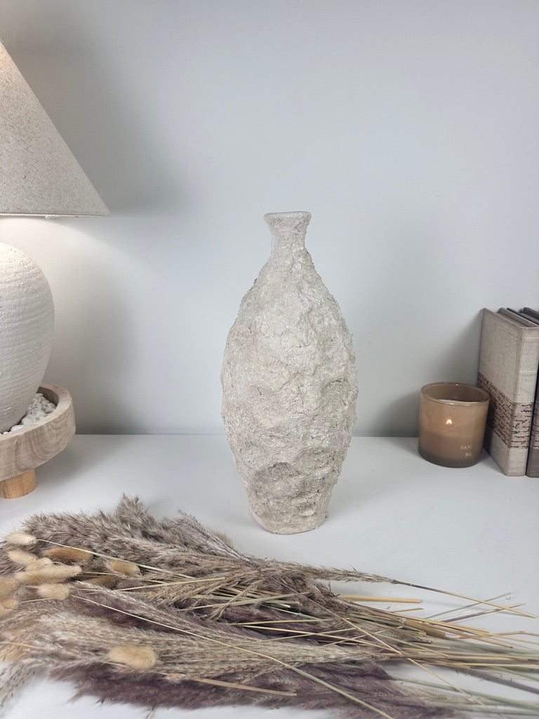 Minimalist Geometric Hand-Painted/Textured Ceramic Vase 14.5" - Cream washed