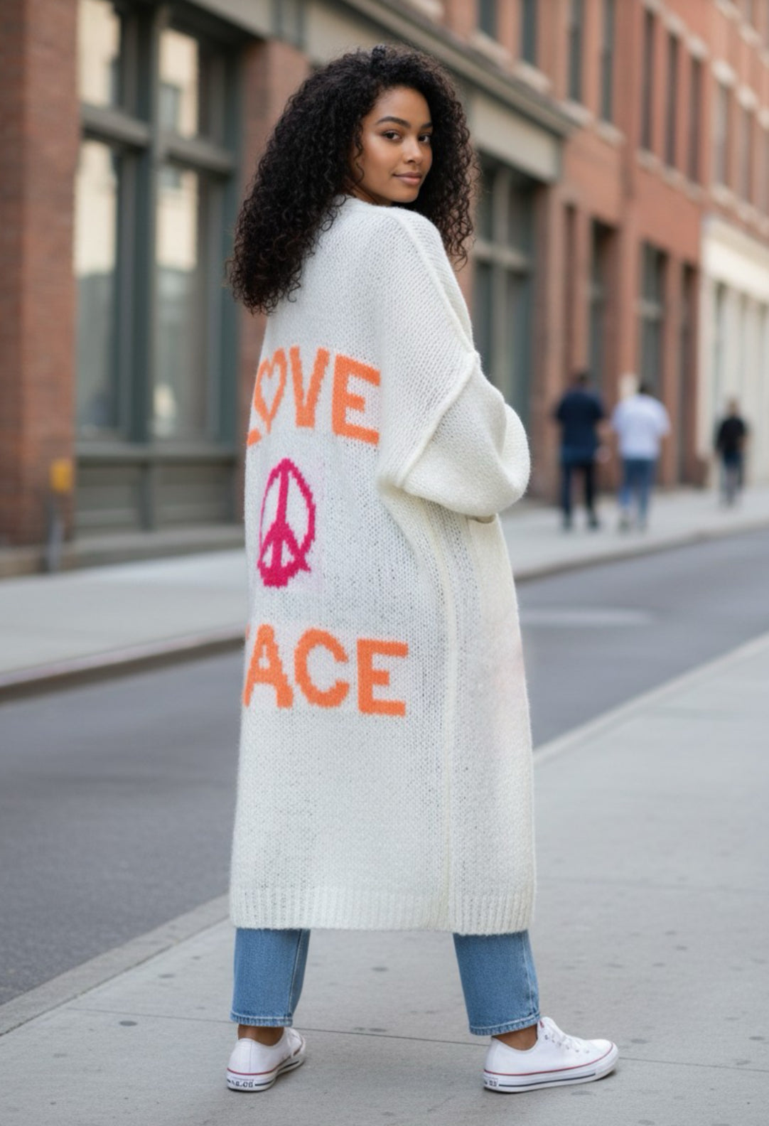 Cozy Women's Love Peace Graphic Oversized Cardigan Sweater Long Sleeve